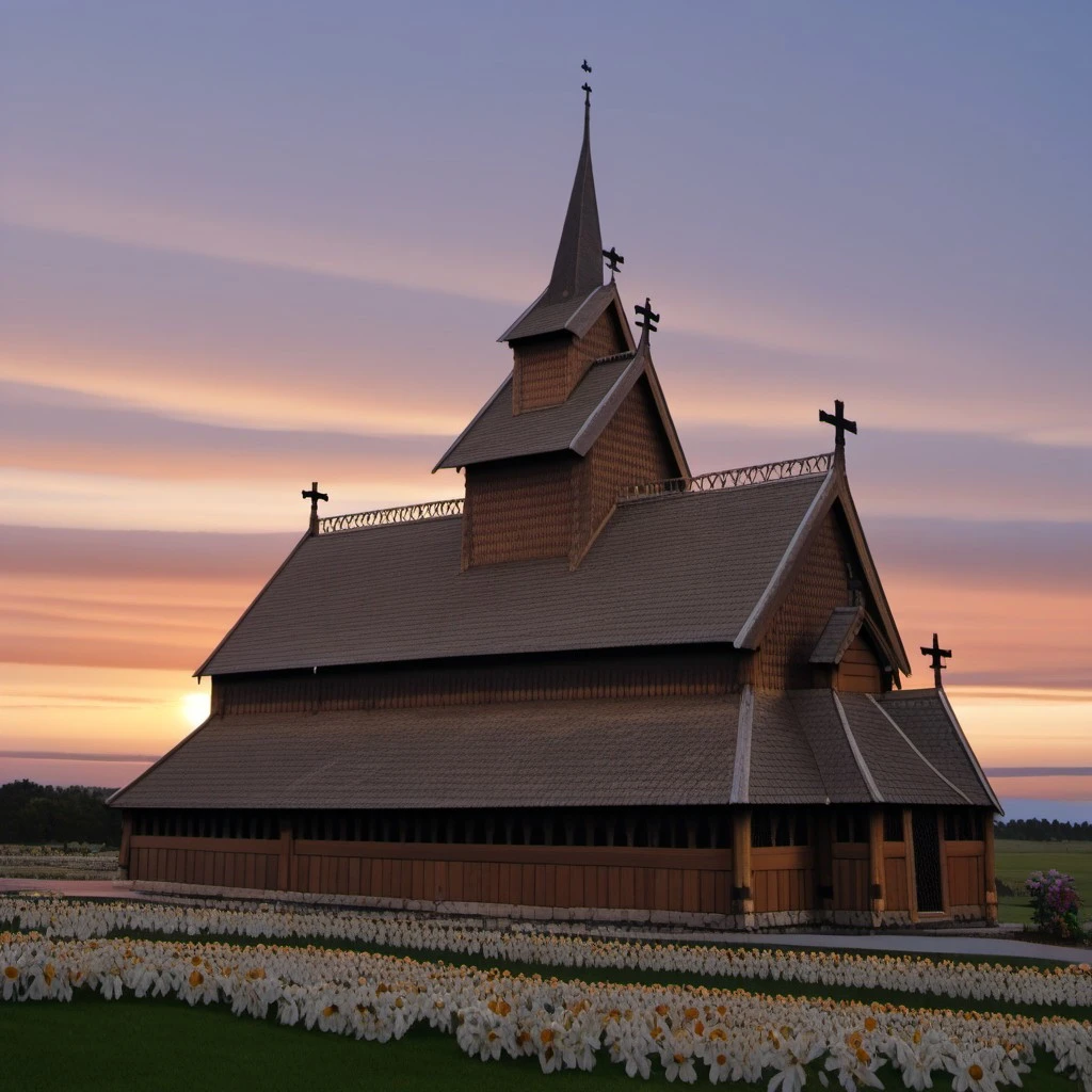 Young female character in front of a Norwegian stave church, wearing norwegian bunad, woman, bunad, stave church, stave church in background, crown, outdoors, evening, sunset, flowers, very long hair, orange hair, Norwegian bunad, norwegian stave church, beautiful face, freckles, brown eyes