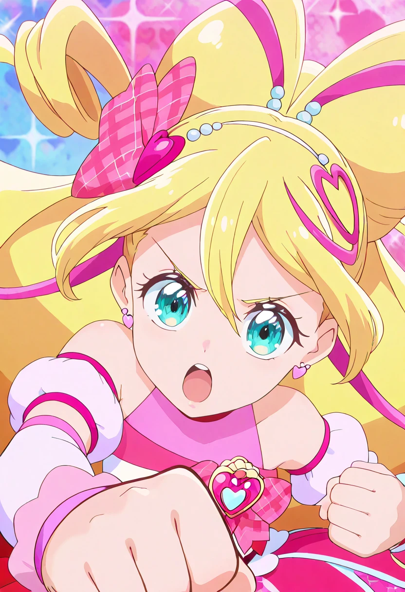 masterpiece, best quality, absurdres, very aesthetic, general,
cure idol, 1girl, blonde hair, solo, blue eyes, open mouth, pink bow, sparkle, multicolored hair, punching, two-tone hair, hair bow, wrist cuffs, clenched hands, clenched hand, looking at viewer, hair between eyes, :o, heart hair ornament, upper body, ponytail, pink choker, aqua eyes, heart earrings, serious, eyelashes, gradient hair, foreshortening, pink background, streaked hair, detached sleeves, plaid bow, fighting stance, eyebrows visible through hair, arm warmers, incoming attack, v-shaped eyebrows, drill hair, very long hair, puffy short sleeves, shiny hair, heart background, half updo, multicolored background, incoming punch, outstretched arm, angry, hair ribbon, anime coloring, twin drills, blurry background, pink hair, pink ribbon, blue background, close-up, pose, heart brooch, sparkle background, pink theme, upper teeth only, white sleeves, drill sidelocks, pink dress, white hairband,
<lora:cure_idol_sakura_uta_illustXL_locon_v1:0.8>