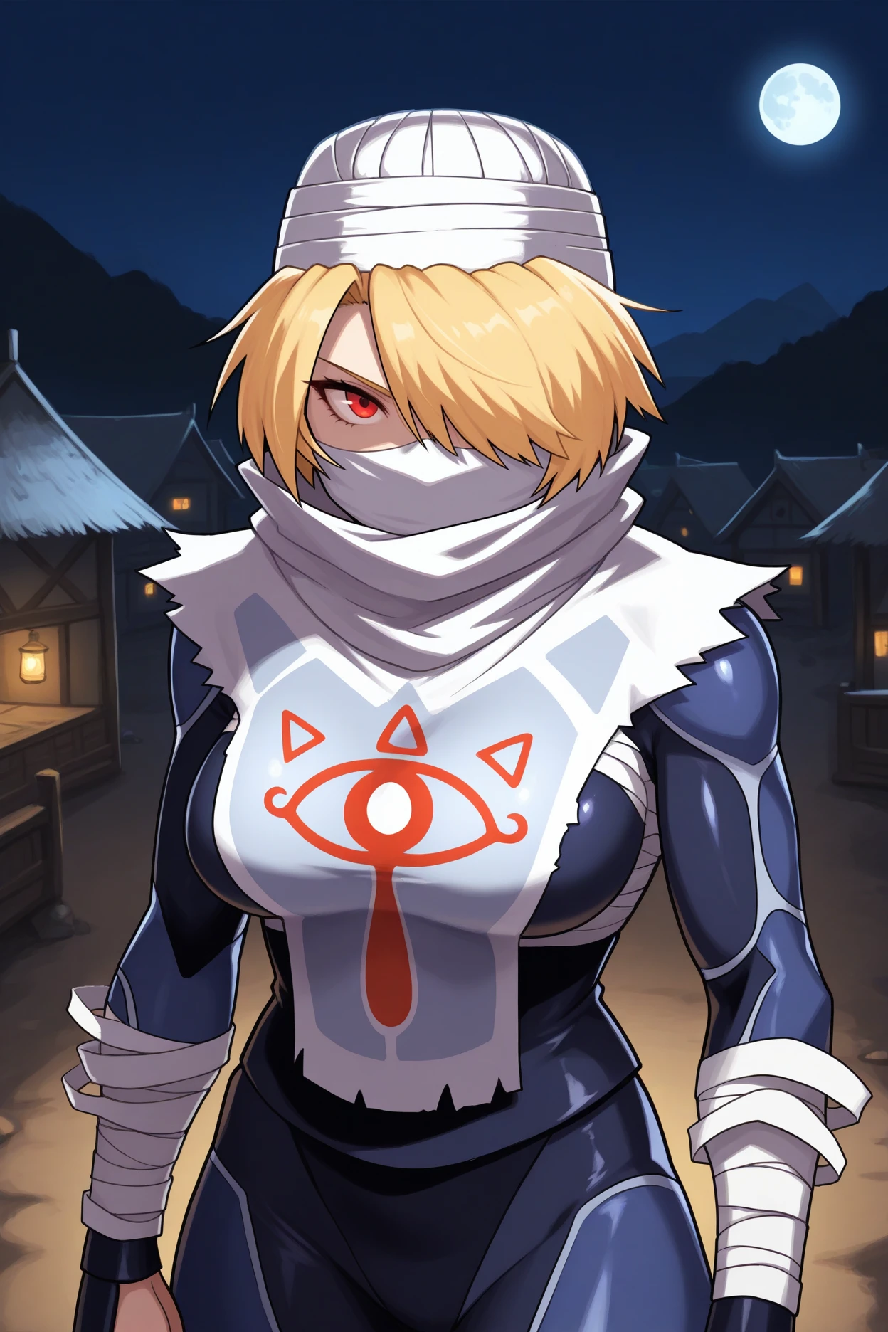 masterpiece, best quality, 1girl, solo, <lora:sheik-illu-nvwls-v1-000006:1> ootshk, blonde hair, hair over one eye, red eyes, turban, white mask, ninja mask, bandages, bandaged arms, tabard, dark blue bodysuit, looking at viewer, serious, night, village, moon, large breasts
