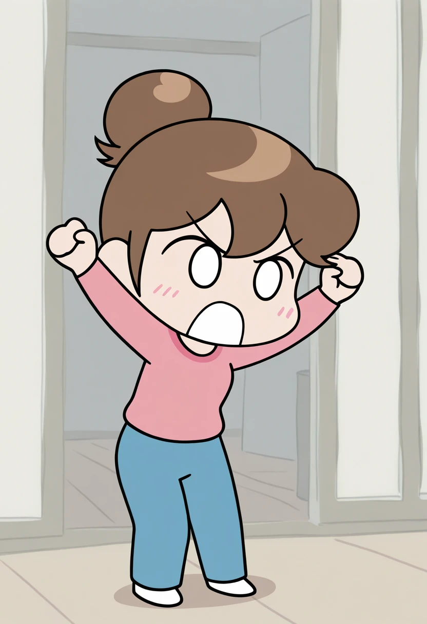 amazing quality,very aesthetic,absurdres,best quality,newest,masterpiece,4k resolution, absurdres, highres, detailed background,
<lora:atashinchi_mikan:1> brown hair, atmikan, 1girl, hair bun, deformed, white eyes, pink shirt, blue pants, angry, arms up,