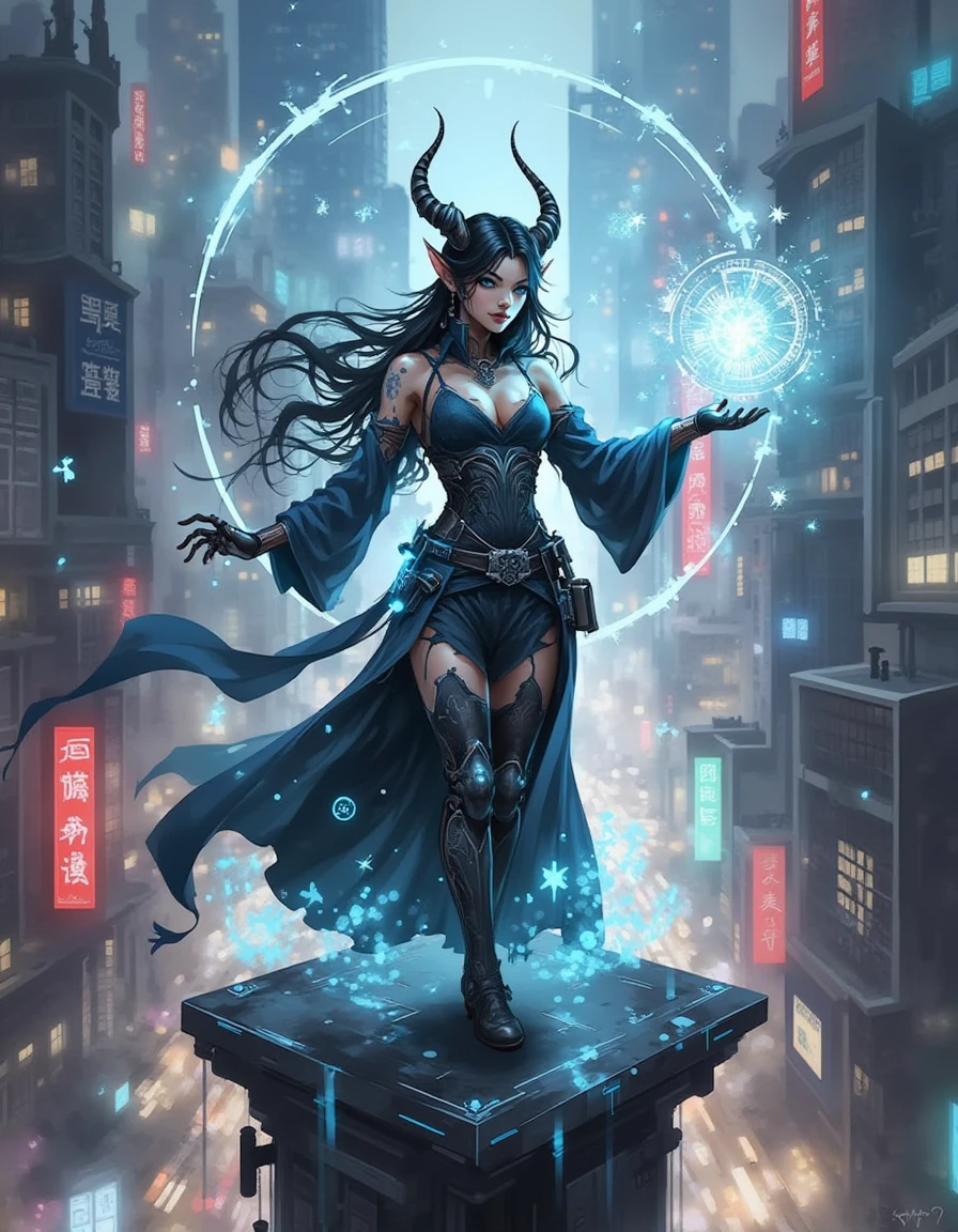 A dinkwfsn style painting, A cyber-sorceress with mechanical arms stands on a platform high above a neon-lit city, casting a spell that manipulates the flow of time. The city below is a chaotic blur of lights and movement, while the sorceress remains perfectly still, her body surrounded by glowing symbols and digital patterns. The atmosphere is futuristic and intense, with neon reflections illuminating her face. The composition is a medium shot from below, capturing her as a powerful figure against the backdrop of the city., <lora:Mystic-Fusion_v10:1>
