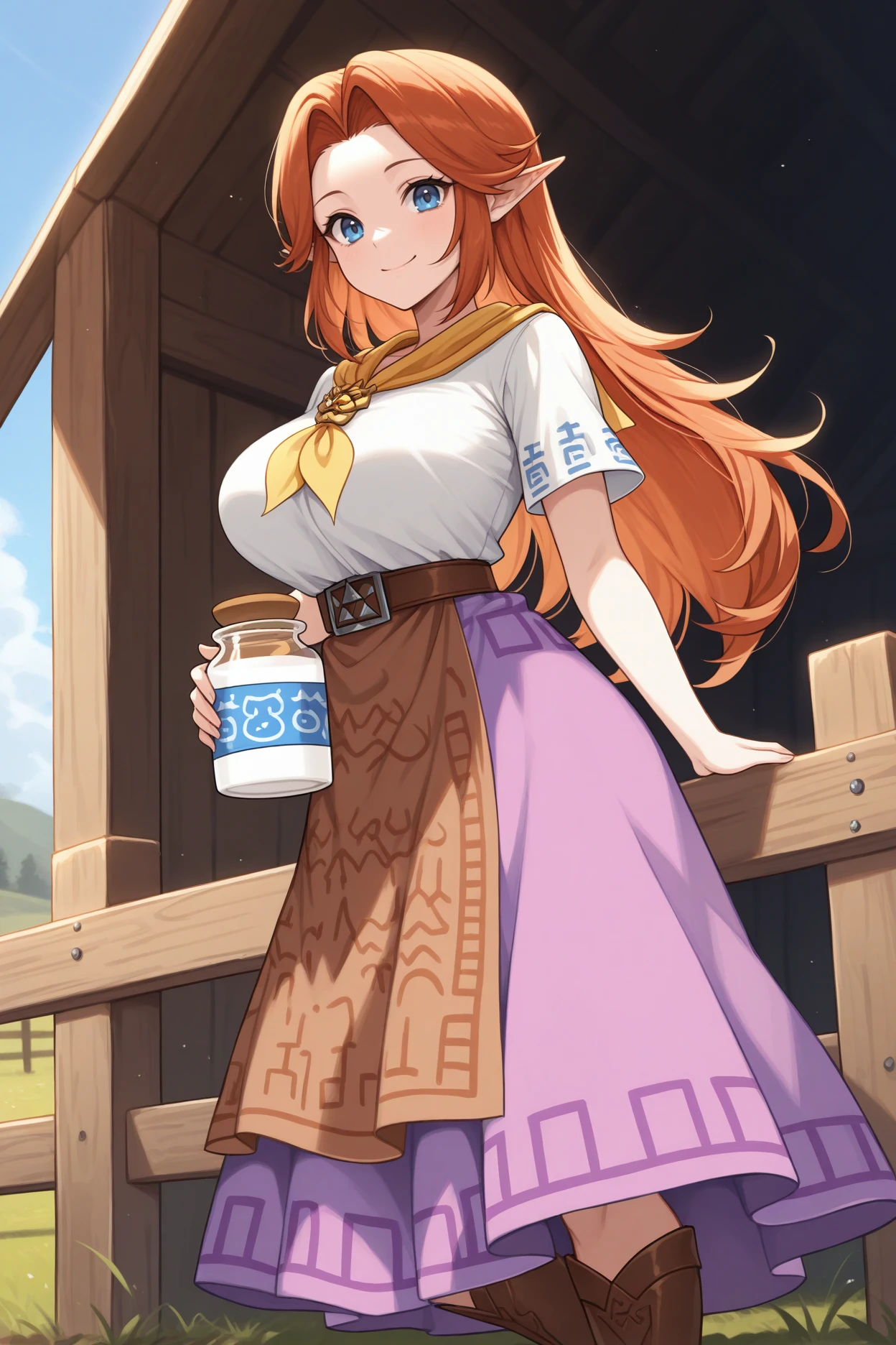 masterpiece, best quality, 1girl, solo, <lora:malon-illu-nvwls-v1:1> mal0n, auburn hair, long hair, pointy ears, blue eyes, yellow neckerchief, gold brooch, white shirt, short sleeves, brown belt, long skirt, purple skirt, brown apron, brown boots, large breasts, full body, holding jar of milk, smile, fence, blue sky, barn, looking at viewer