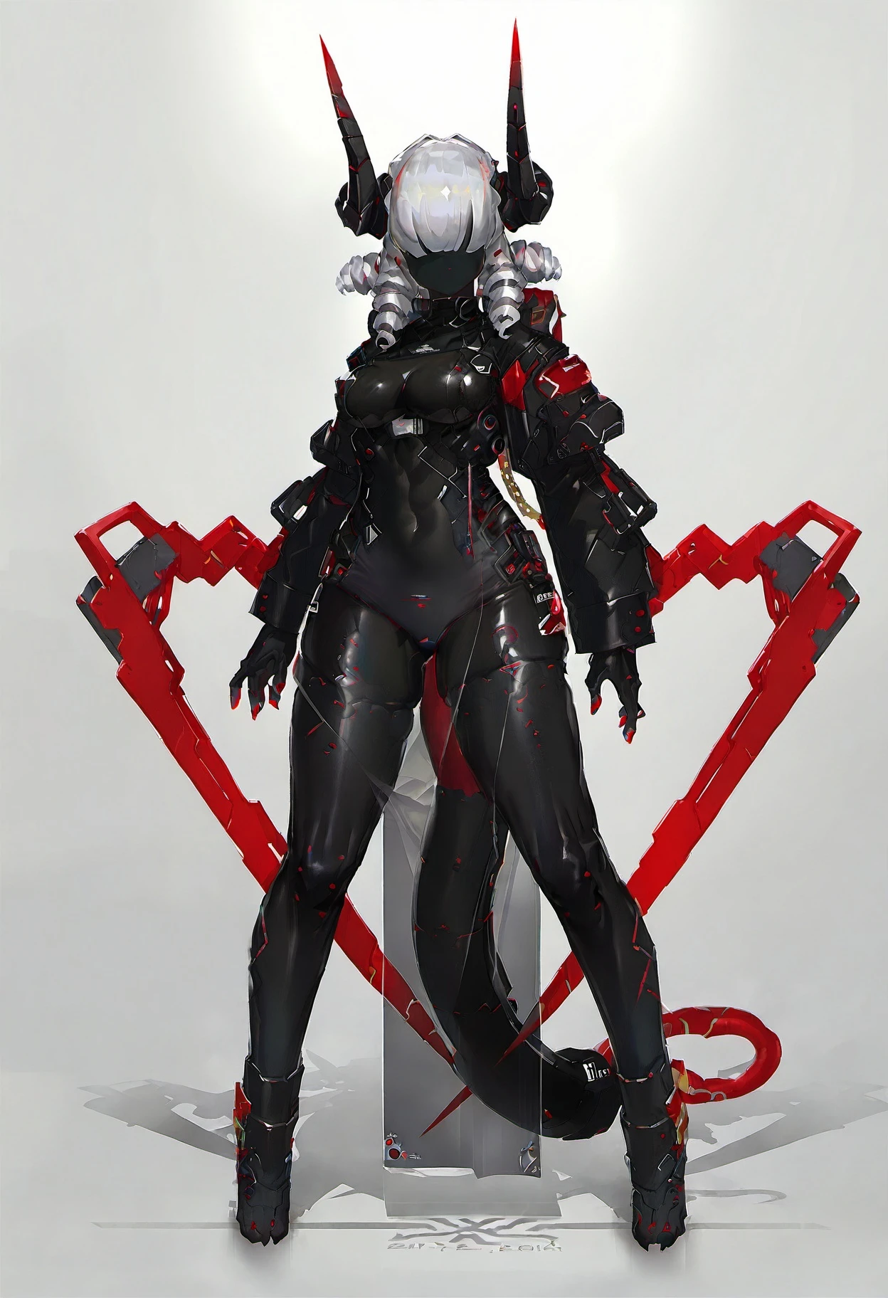masterpiece, best quality, <lora:echanis_enicha_style_ill_v3:1> styleechanisenicha, 1girl, solo, breasts, thighhighs, standing, tail, full body, white hair, grey hair, horns, grey background, see-through, covered navel, mask, colored skin, bodysuit, chain, drill hair, skin tight, science fiction, black skin