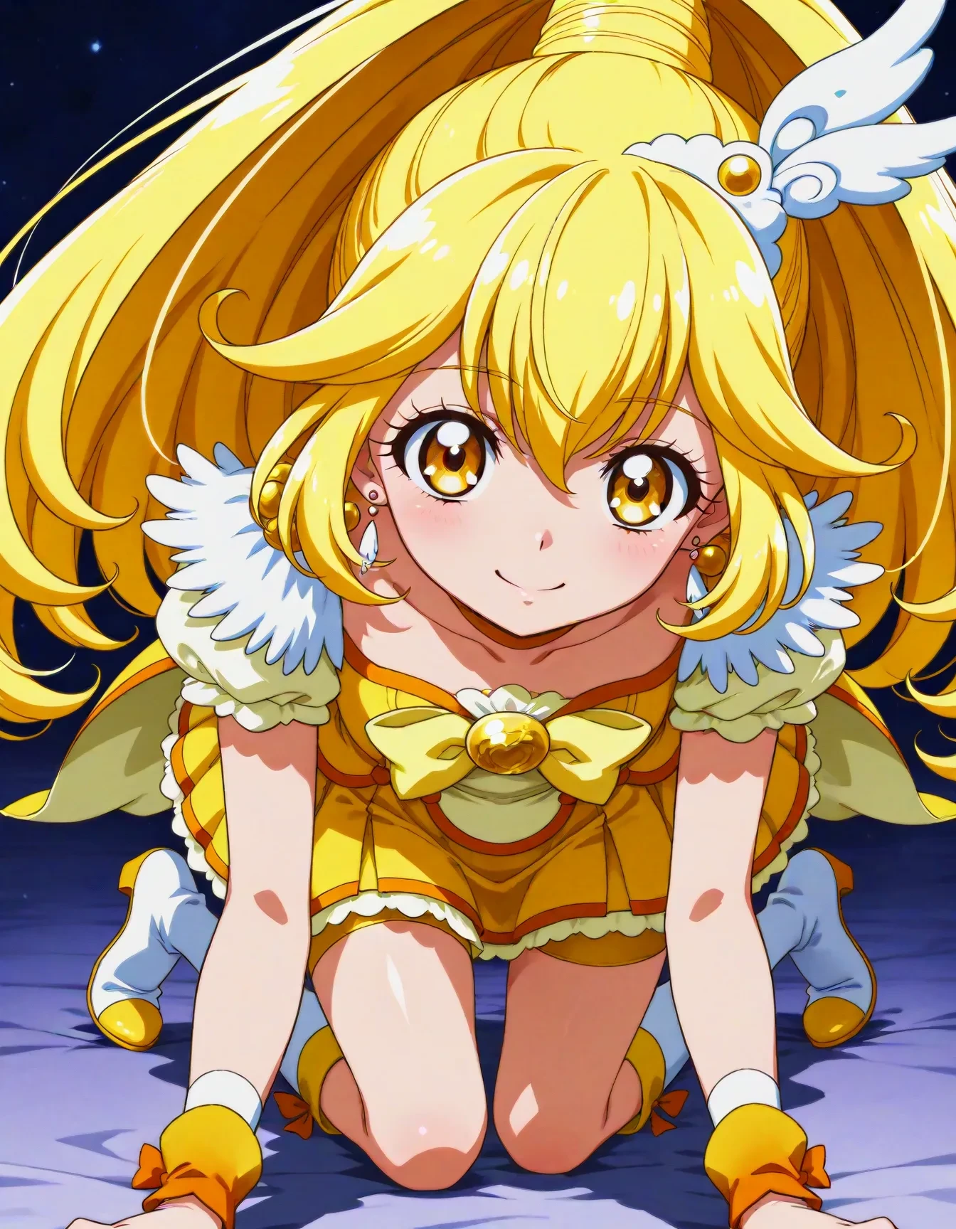 <lora:dmd2_sdxl_4step:1>,official style,masterpiece,best quality,newest,absurdres,highres,very awa,Anime,anime coloring,anime screencap,<lora:Cure_Peace_V1:1>,cure peace,1girl,yellow eyes,wide ponytail,hair flaps,hair between eyes,yellow hair,hair ornament,wing ornament,tiara,yellow choker,feather earrings,yellow bow,yellow shorts,yellow skirt,bike shorts,shorts under skirt,orange wrist cuffs,knee boots,depth_of_field,abstract_background,smile,prone_bone,