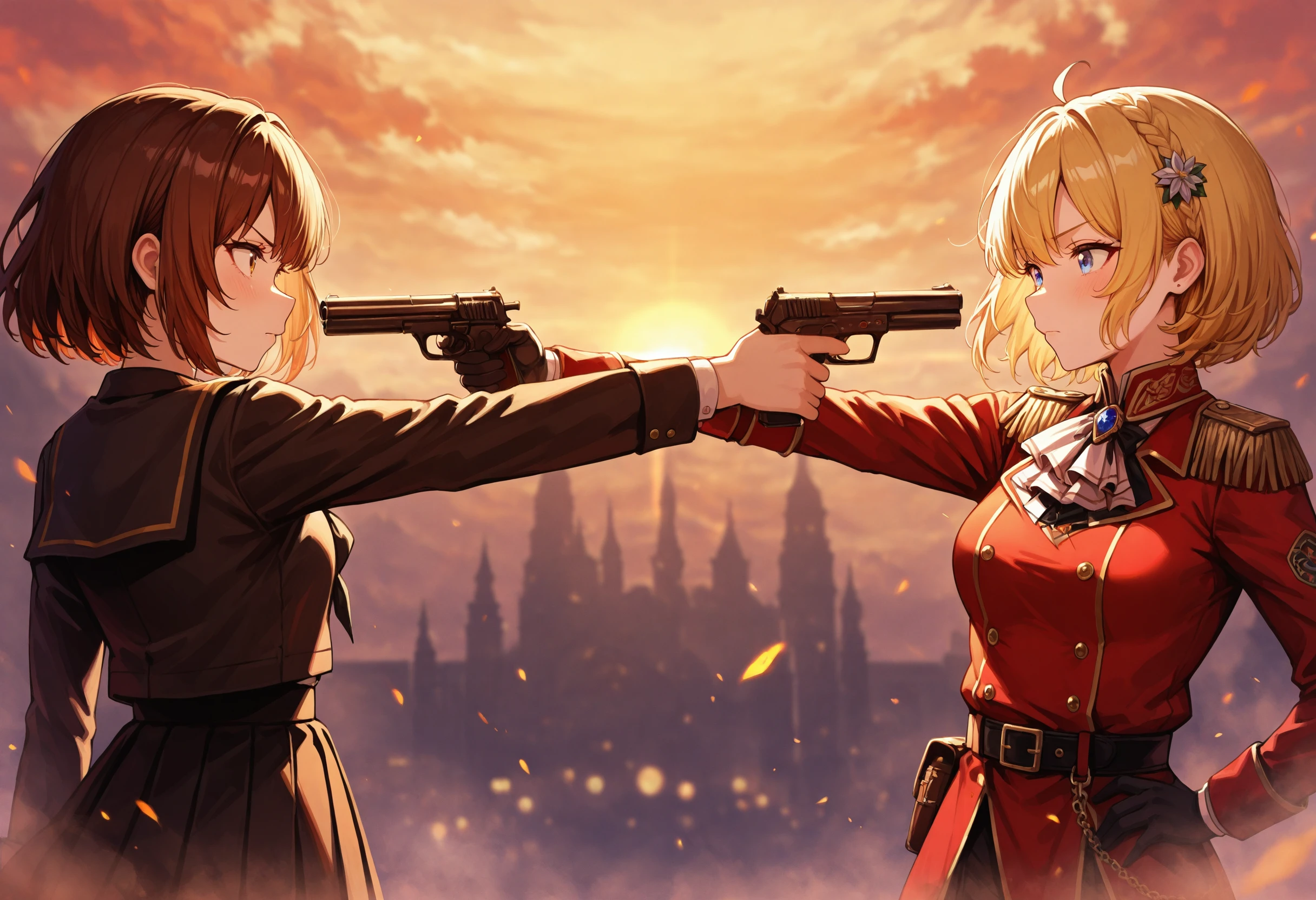 masterpiece, best quality, absurdres, safe
2girls, mexican standoff, holding gun
<lora:mexican_standoff_il_2_d16:1>