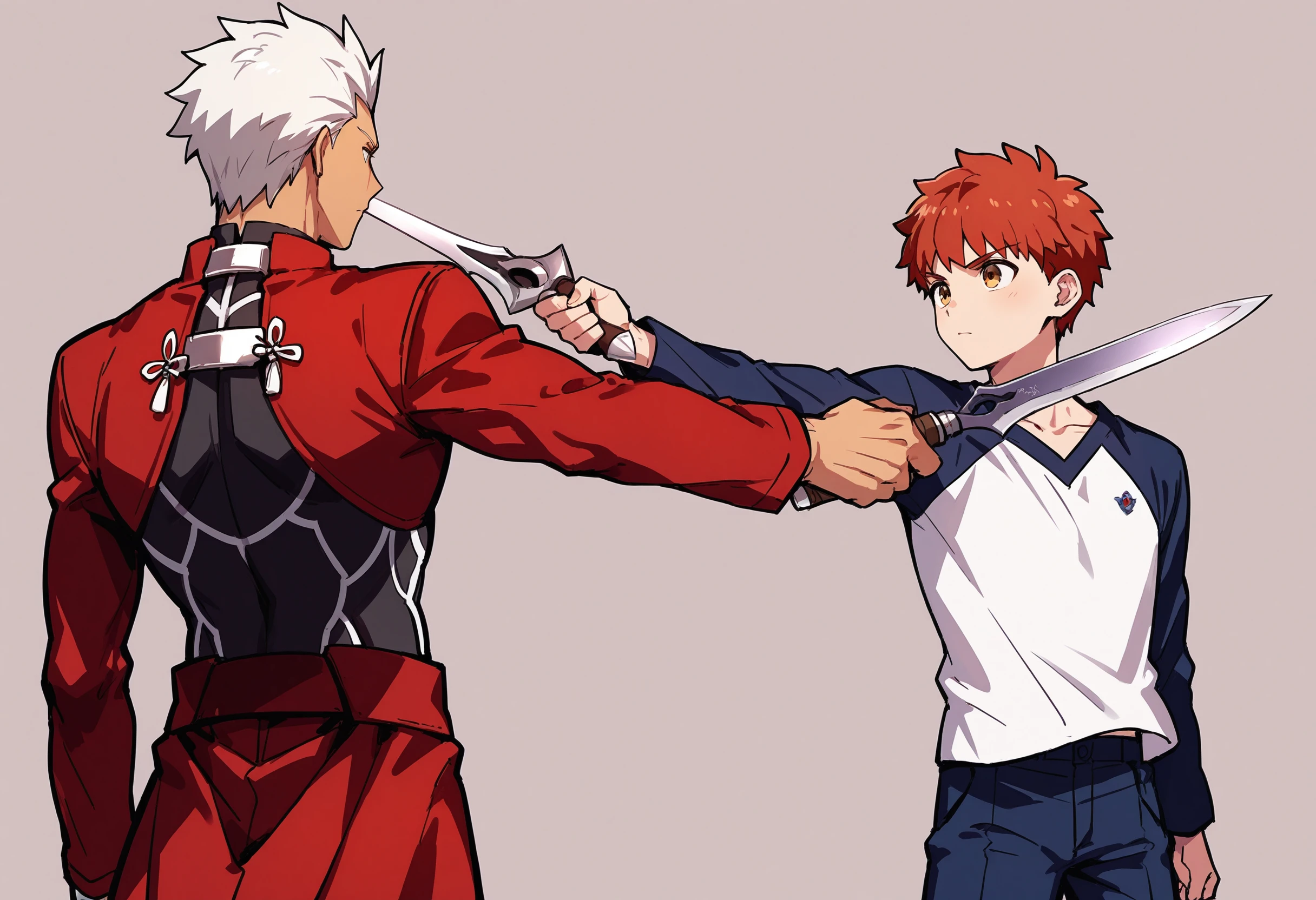 masterpiece, best quality, absurdres, safe
2boys, archer \(fate\),
mexican standoff, holding dagger,
from behind,
simple background
BREAK
masterpiece, best quality, absurdres, safe
2boys, emiya shirou, red hair,
mexican standoff, holding dagger,
simple background
<lora:mexican_standoff_il_2_d16:1>