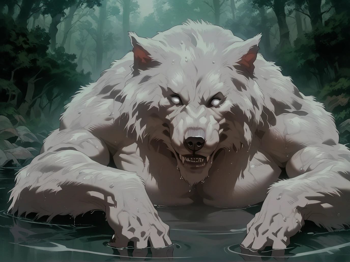 <lora:GITS1995_XL:1>, <lora:WillCorv_v2:0.8> willcorv_v2, score_9, score_8_up, score_7_up, 1boy, werewolf, no pupils, wet fur, lake, white fur, swimming in a lake, partially submerged, white eyes, complex background, detailed background,