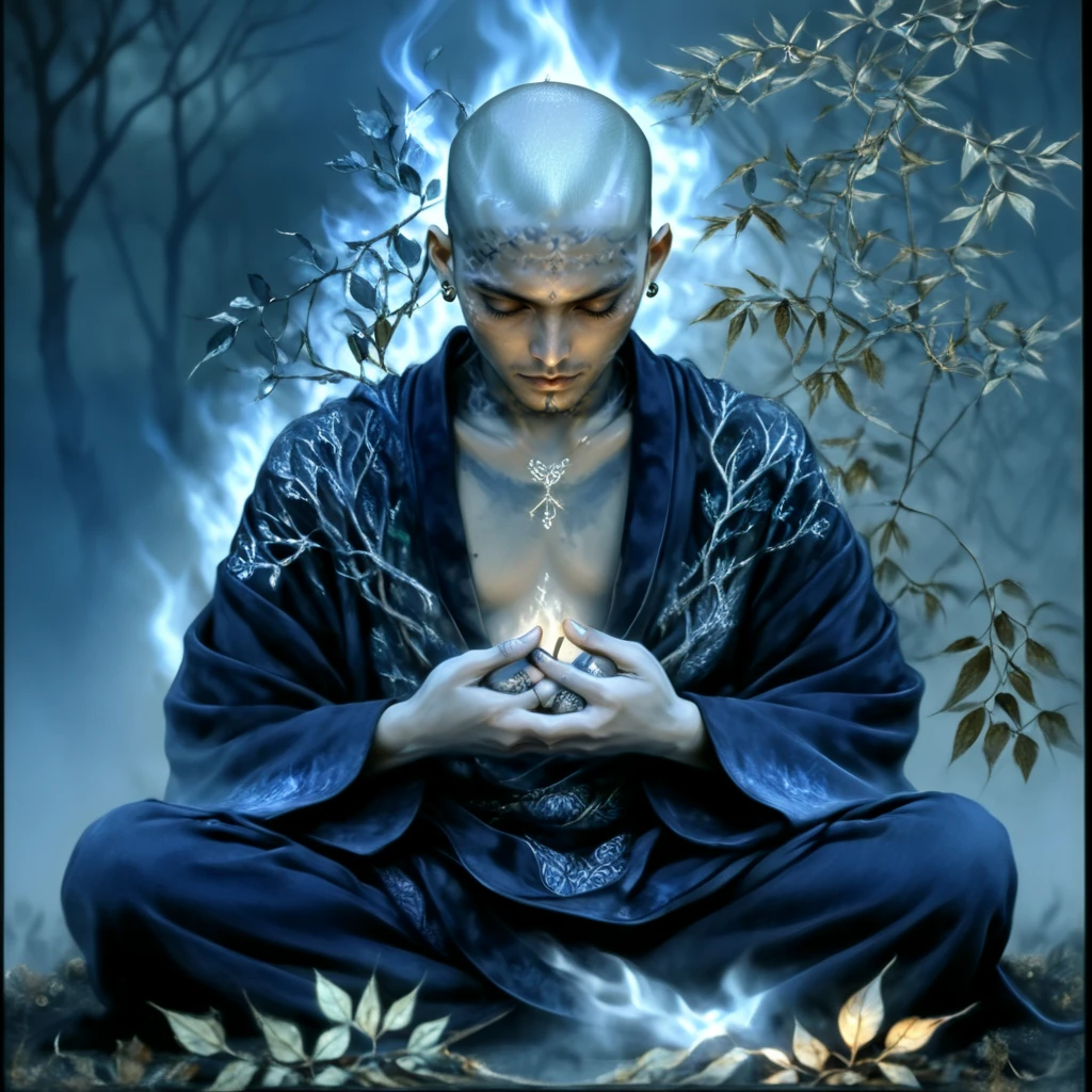 <lora:Ethereal_Gothic_EleganceSDXL:1> Ethereal Gothic Elegance, The image is a digital art piece that appears to be a representation of a person sitting in a meditative pose. The person is bald and is wearing a dark blue robe with intricate patterns and designs. They are sitting on a bed of leaves and branches with their hands clasped together in front of them. The background is a dark foggy landscape with a hint of smoke and flames. The overall mood of the image is mystical and mystical., solo, male focus, 1boy, bald, sitting, indian style, japanese clothes, jewelry, fire, smile
