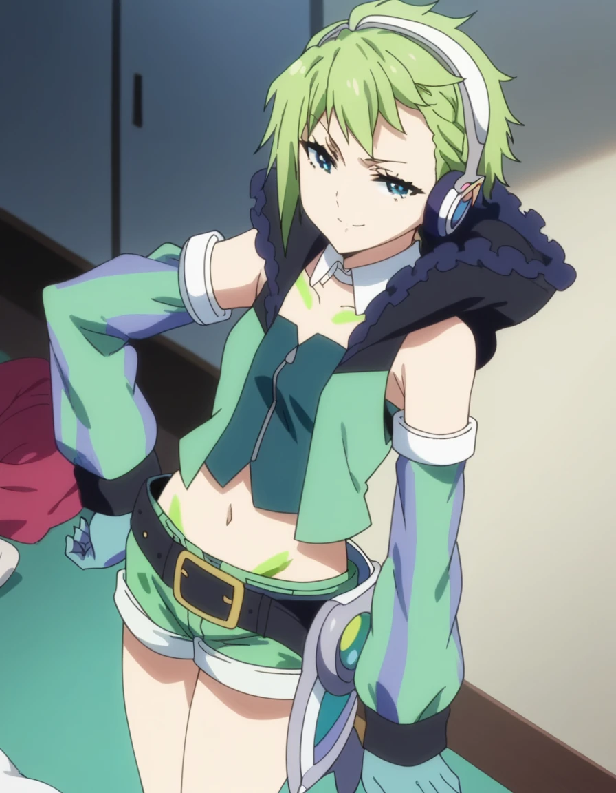 score_9, score_8_up, score_7_up, source_anime, <lora:reina-prowler-s1-ponyxl-lora-nochekaiser:1>, reina prowler, short hair, green hair, blue eyes, pointy ears, mature female, small breasts, anime screencap, navel, detached sleeves, shorts, midriff, belt, headphones, green shorts, messy room, clutter, clothes on floor, disorganization, laundry, , smug, hand on own hip,, looking at viewer, solo,, cowboy shot, solo