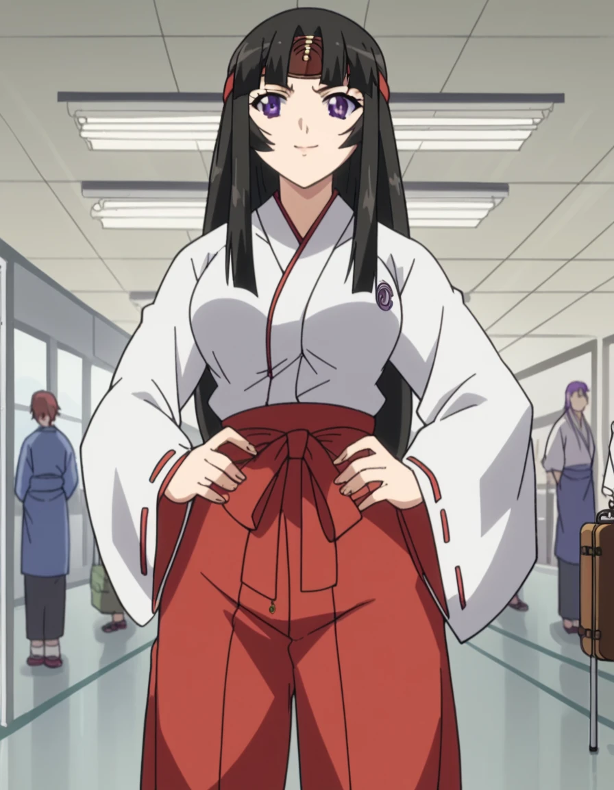 score_9, score_8_up, score_7_up, source_anime, <lora:queens-blade-tomoe-s1-ponyxl-lora-nochekaiser:1>, tomoe, long hair, large breasts, black hair, purple eyes, low-tied long hair, anime screencap, skirt, japanese clothes, headband, ribbon-trimmed sleeves, miko, red hakama, airport, waiting area, suitcase, flight delayed, passengers, reading book, , smug, hands on own hip,, looking at viewer, solo,, cowboy shot, solo