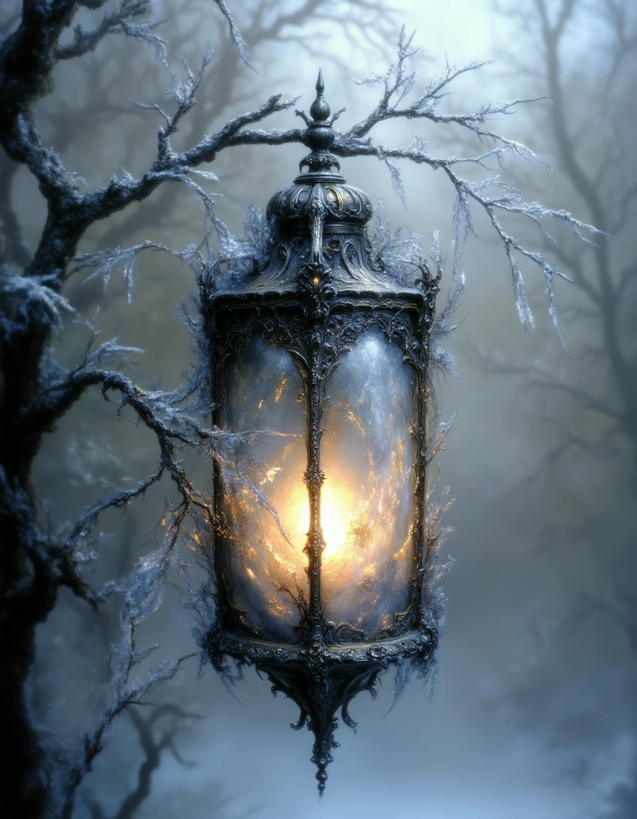 Ethereal Gothic Elegance, The image is a digital art piece that appears to be a photograph of a lantern hanging from a tree branch. The lantern is made of glass and metal with intricate details and patterns. The glass is transparent allowing the light to shine through and create a beautiful orange and yellow glow. The tree branch is covered in snow and ice and the background is blurred creating a dreamy and ethereal atmosphere. The overall mood of the image is dark and mysterious., no humans, tree, blurry, bare tree, outdoors, scenery, branch, sky, depth of field, blurry background