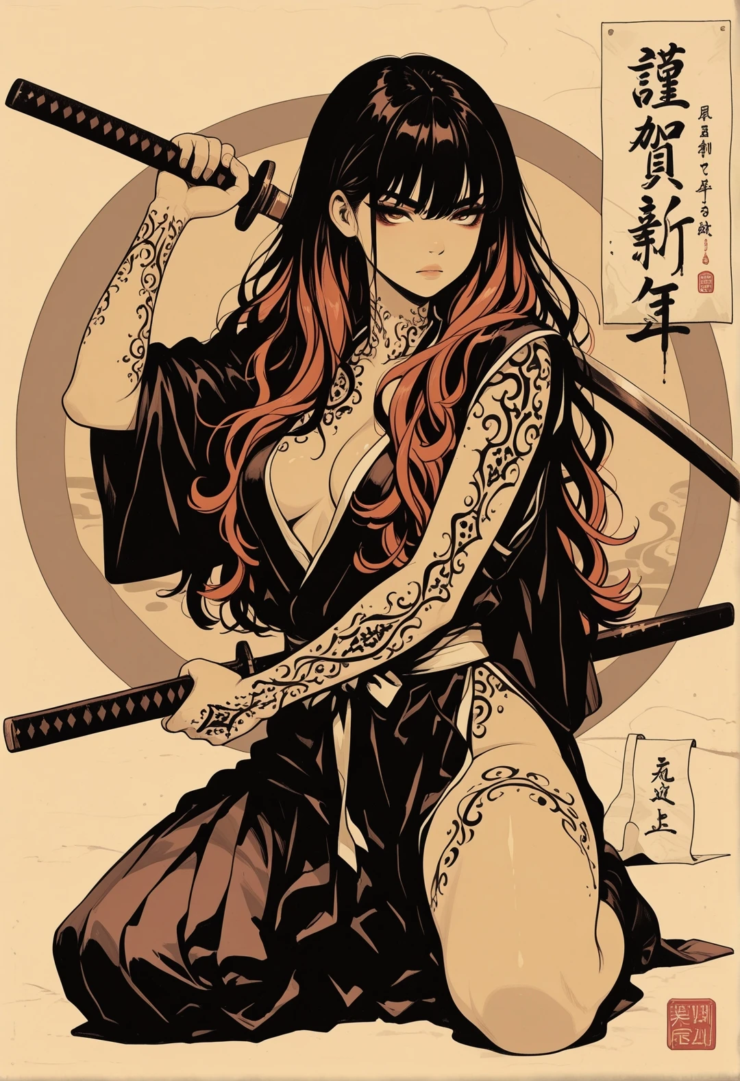 <lora:ck-shadow-circuit-IL-000012:1>,  in the style of cksc, traditional japanese art style, ink on paper, wabi-sabi, henna and carmine, sepia, BREAK sexy, 1girl, solo, erotic japanese female warrior, holding katana, dramatic pose
masterpiece,best quality,amazing quality