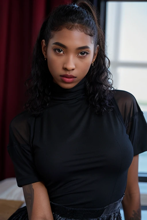 breathtaking corduroy overall dress with a turtleneck top a breathtaking fashion photo of a classy woman, <lora:BarbieRous:1>, 1girl, solo, dark skin, dark-skinned female, long black hair, curly hair, realistic, very dark skin, shot on ALEXA 65, simple background, white background, upper body, posing, style of Tyler Shields:1, official balmain editorial:1, (masterpiece)) 8K, enhanced contrast,, detailed skin texture, (blush:0.5), (goosebumps:0.5), subsurface scattering, masterpiece, award-winning, professional, highly detailed, RAW candid cinema, 16mm, color graded portra 400 film, remarkable color, ultra realistic, textured skin, remarkable detailed pupils, realistic dull skin noise, visible skin detail, skin fuzz, dry skin, shot with cinematic camera . High dynamic range, vivid, rich details, clear shadows and highlights, realistic, intense, enhanced contrast, highly detailed, masterpiece, award-winning, professional, highly detailed