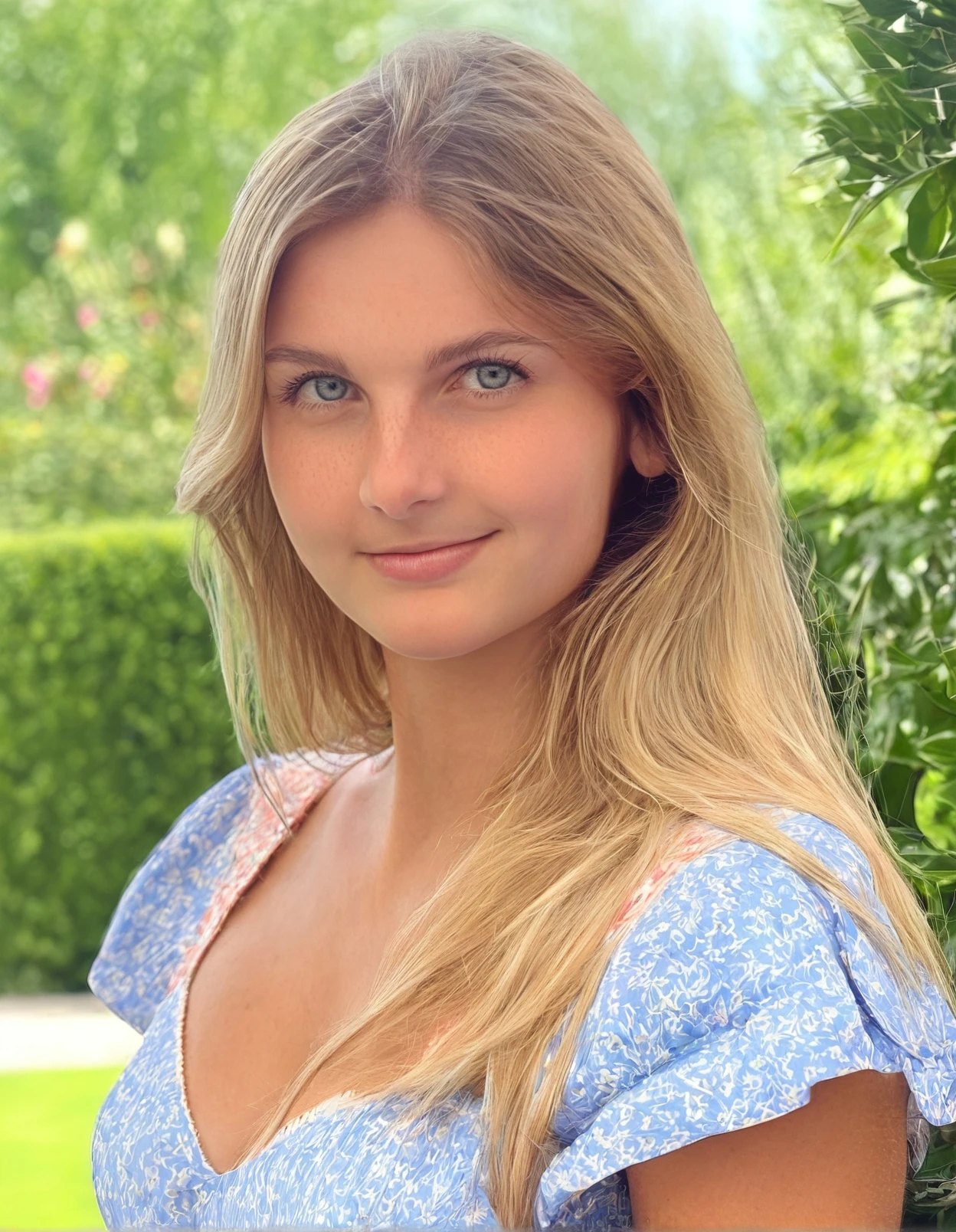 upperbody portrait photo of one beautiful 23 y.o woman with pretty face, 8k uhd, high quality, cinematic, posing in the garden, blonde long hair with brown roots, blue eyes,