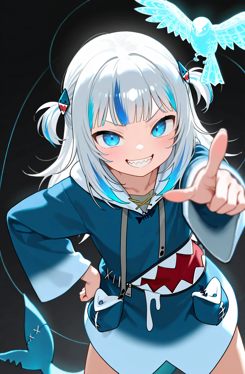 masterpiece, best quality, amazing quality, very aesthetic,  newest, absurdres,
1girl, solo, gawr gura, pointing at viewer, hand on hip, grin, v-shaped eyebrows,
<lora:StringBirdIllustriousV1:1> string bird, creature, blue bird, glowing,