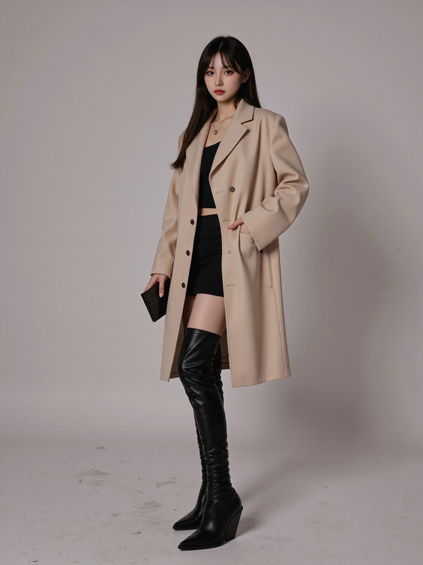 full body shot,fullbody,wide shot,foot focus,this is a high-resolution photograph of a stylish 20-year-old asian girl who is stylish model standing posing in a studio.She is dressed in a classic beige coat,black mini skirt,black pantyhose,and thigh-high boots called zaracbb that are the focus of the picture.these glossy black leather boots are block heels,adding to their edgy,fetish-inspired aesthetic. She has long straight hair and blunt bangs,hime cut hairstyle.The background is simple,and the lighting is even.Realistic photography style,cinematic lighting,soft-focus background,warm and cool tone contrast.,she has a slender physique and a petite build,slightly rebellious vibe,dslr,studio lighting,high quality,light reflections,blood vessels,pale skin,detailed skin,The lighting is natural,casting soft shadows. The composition follows the rule of thirds,with the woman positioned slightly off-center. The overall aesthetic quality is very high,with a shallow depth of field emphasizing the subject., <lora:zaraflux:1>