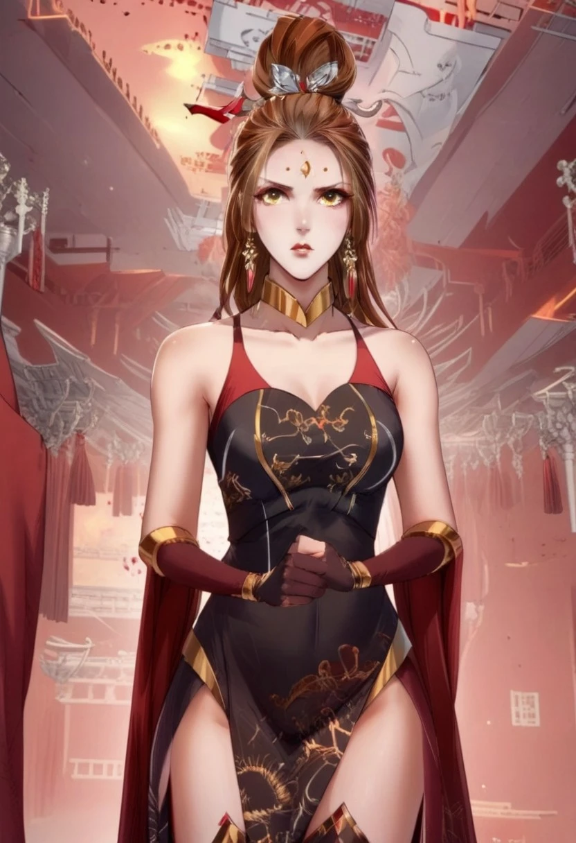red and gold accents, high-slit, sleeveless, arm-length black gloves with gold trim, thigh-high black stockings with ornate golden details, golden choker necklace, red gemstone earrings, hair tied up with a silver bow accessory, wuxia and fantasy, ancient china, Peacock