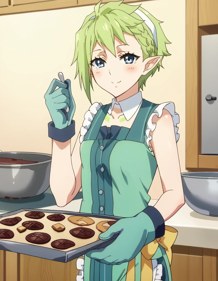 score_9, score_8_up, score_7_up, source_anime, <lora:reina-prowler-s1-ponyxl-lora-nochekaiser:1>, reina prowler, short hair, green hair, blue eyes, pointy ears, mature female, small breasts, anime screencap, <lora:baking-cookies-ponyxl-lora-nochekaiser:1>, baking cookies, looking at viewer, blush, smile, gloves, holding, frills, food, indoors, apron, chocolate, cookie, oven mitts,, , cowboy shot, solo