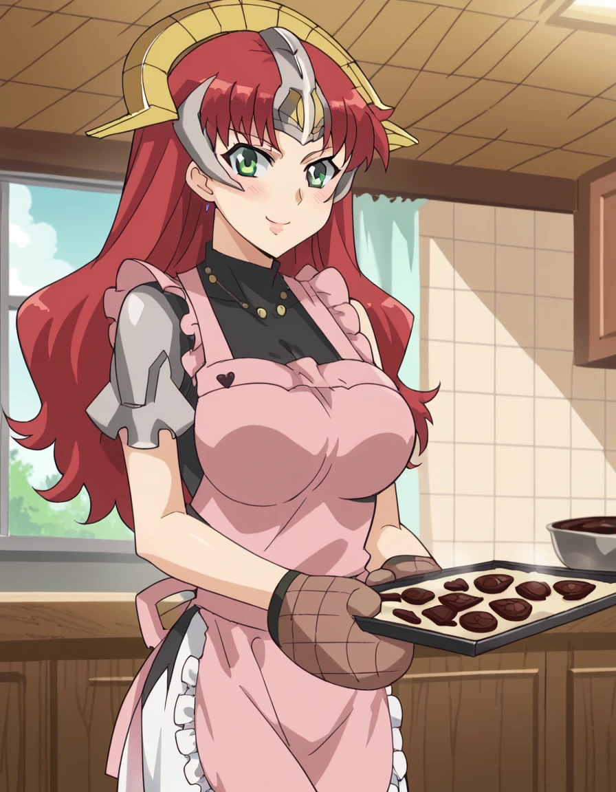score_9, score_8_up, score_7_up, source_anime, <lora:claudette-vance-s1-ponyxl-lora-nochekaiser:1>, claudette vance, long hair, large breasts, green eyes, red hair, anime screencap, <lora:baking-cookies-ponyxl-lora-nochekaiser:1>, baking cookies, looking at viewer, blush, smile, gloves, holding, frills, food, indoors, apron, chocolate, cookie, oven mitts,, , cowboy shot, solo