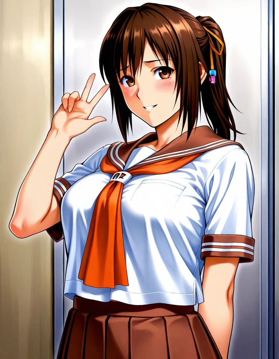 1girl, rpkaoi, brown hair, ponytail, brown eyes, hair ribbon, hair rings, school uniform, serafuku,
masterpiece,best quality,amazing quality, <lora:ILL-Aoi-V1:1>