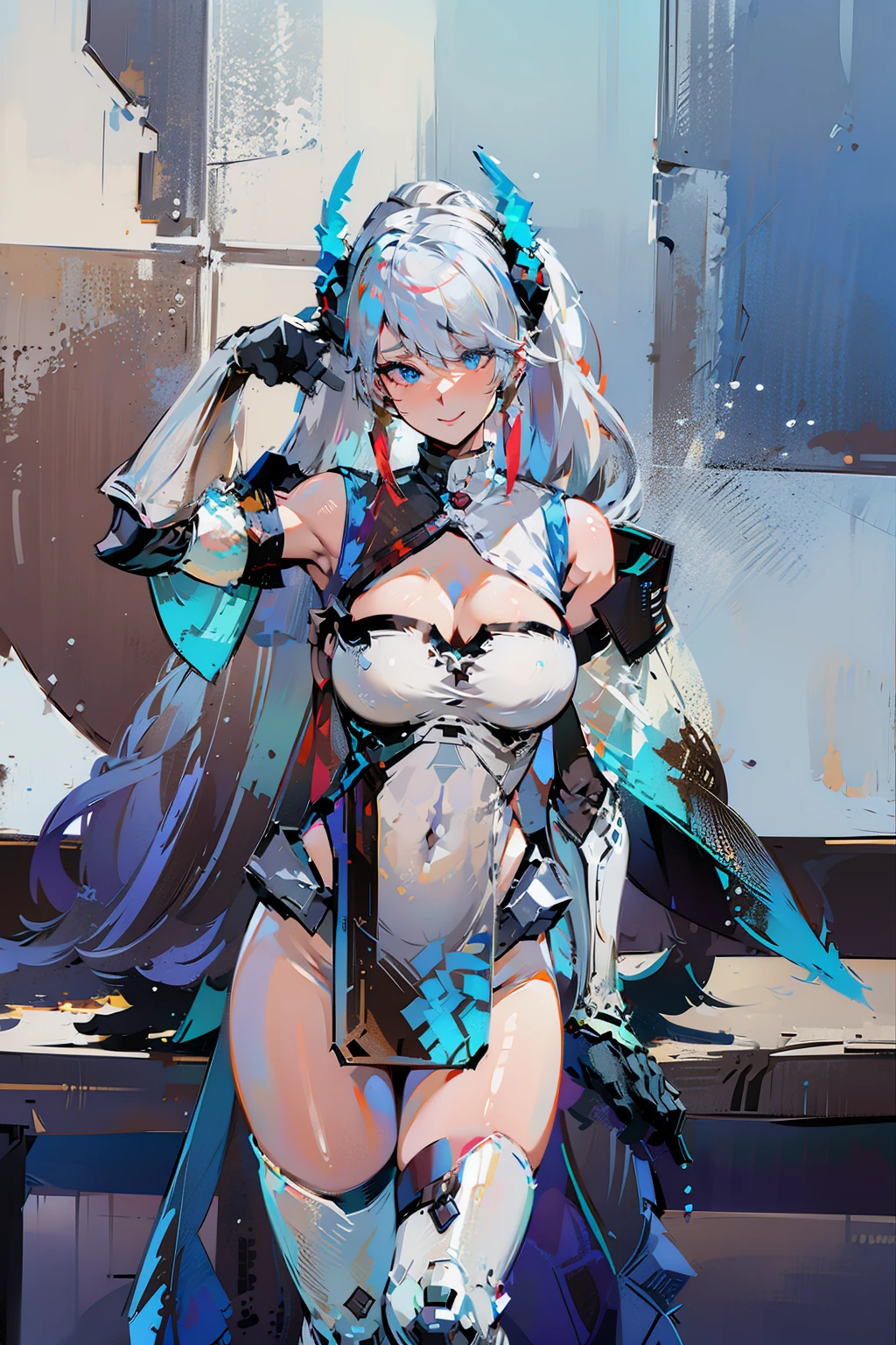 ((best qualtiy)), ((tmasterpiece)), (the detail:1.4), 3D, A beautiful cyberpunk female image,exquisite facial features,perfect body figure,gigantic cleavage breasts,Long legs,Vest line,groin,Cocked buttocks,HDR(HighDynamicRange),Ray traching,NVIDIA RTX,Super-Resolution,Unreal 5,Subsurface scattering、PBR Texture、post-proces、Anisotropy Filtering、depth of fields、maximum definition and sharpness、Many-Layer Textures、Albedo e mapas Speculares、Surface Coloring、Accurate simulation of light-material interactions、perfectly proportions、Octane Render、Two-colored light、largeaperture、Low ISO、White balance、the rule of thirds、8K RAW、