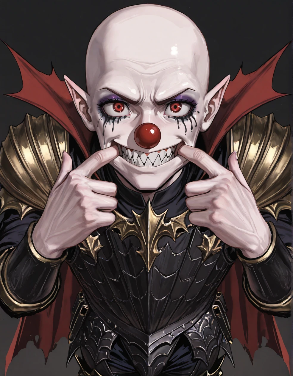 (2D,masterpiece,best quality,amazing quality,very aesthetic,high resolution,looking at viewer,ultra-detailed,1 boy,solo,source_anime,cute,lovely,Simple black background),Mannfred von Carstein,vampire,armor,shoulder armor,cape,greaves,bald,pale skin,red eyes,forced smile, mouth pull, fingersmile, makeup, clown nose, runny makeup,short_pointy_ears,<lora:Mannfred_von_Carstein:1>