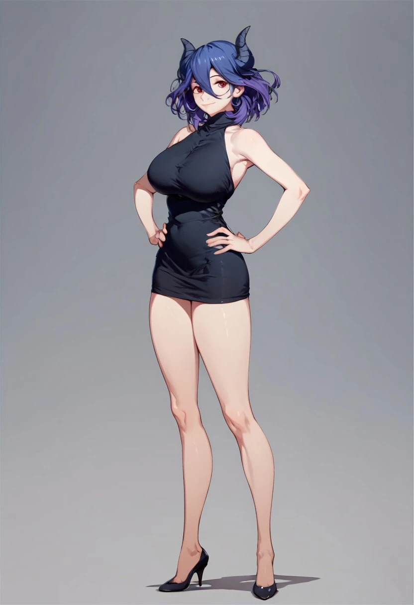 Generate an anime-style full-body depiction of an attractive woman viewed from behind, gazing towards her left side. She should be dressed in a sultry, tight, backless dress, accentuating her figure, paired with elegant high heels.