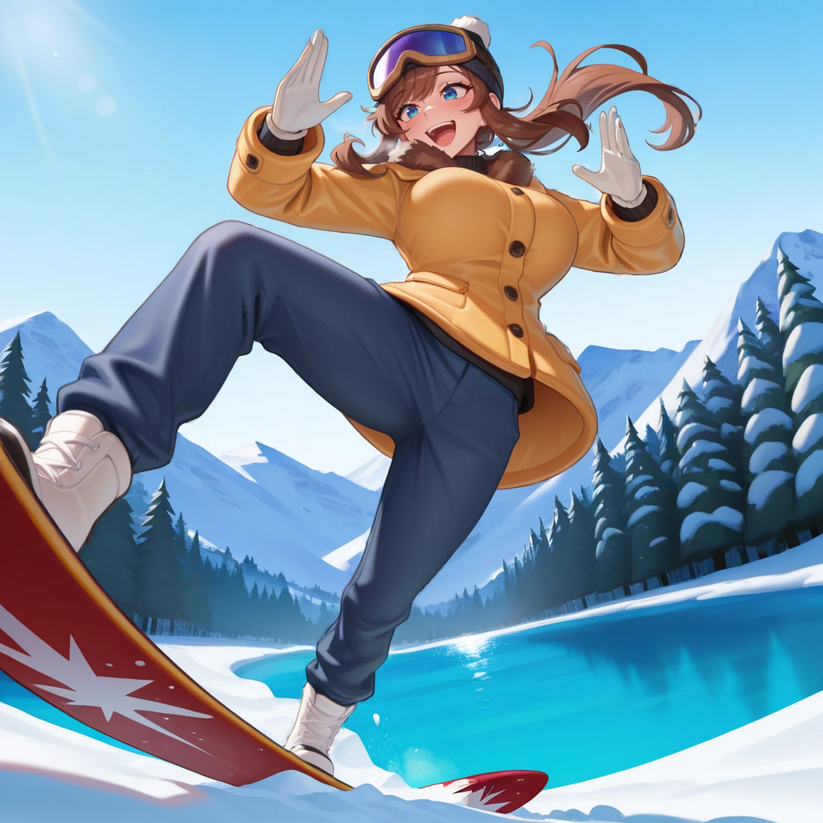masterpiece,best quality,absurdres,highres,<lora:AHK:1>,
1girl,solo,ccgirl,brown hair,sidelocks,ponytail,aged up,blue eyes,large breasts,
ski goggles, hat, beanie, goggles on head, goggles on headwear, pom pom (clothes), winter clothes, winter coat, white gloves, long sleeves, pants, outdoors, blush, snow, surfboard, surfing, open mouth, from below, dynamic pose, confidence, dutch angle, happy, snow, forest, mountainous horizon,