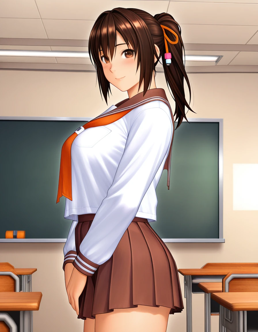 1girl,
rpkaoi, brown hair, ponytail, brown eyes, hair ribbon, hair rings, school uniform, serafuku, smile, cowboy shot, classroom, amazing quality, looking at viewer, ribbon, indoors, hair between eyes, solo, long sleeves,
masterpiece, best quality
<lora:ILL-Aoi-V1:1.0>