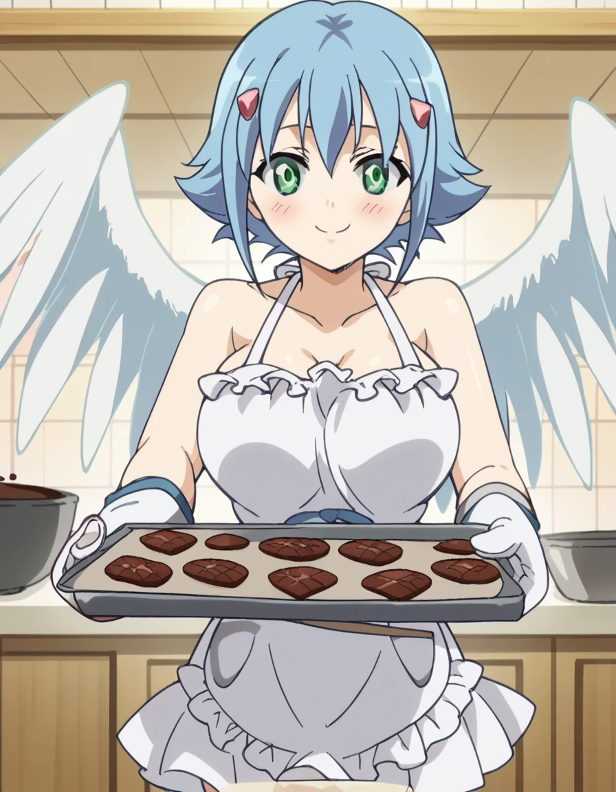score_9, score_8_up, score_7_up, source_anime, <lora:queens-blade-nanael-s1-ponyxl-lora-nochekaiser:1>, nanael, short hair, large breasts, green eyes, blue hair, wings, feathered wings, angel wings, angel, asymmetrical wings, anime screencap, <lora:baking-cookies-ponyxl-lora-nochekaiser:1>, baking cookies, looking at viewer, blush, smile, gloves, holding, frills, food, indoors, apron, chocolate, cookie, oven mitts,, , cowboy shot, solo