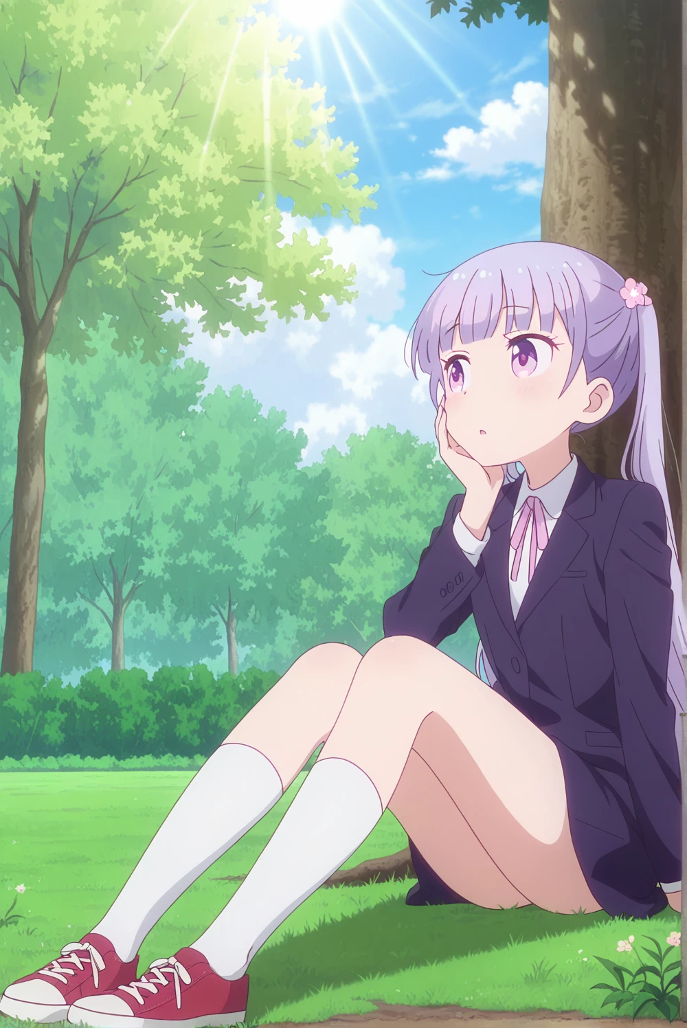 (masutepiece, Best Quality, hight resolution, nffsw, Perfect Pixel, depth of fields, 4K), Beautiful anime girl, Perfect body, , (smile, open the mouth:1.6) aoba suzukaze, ribbon, suit, jacket,,, (own hugging feet:1.6),
