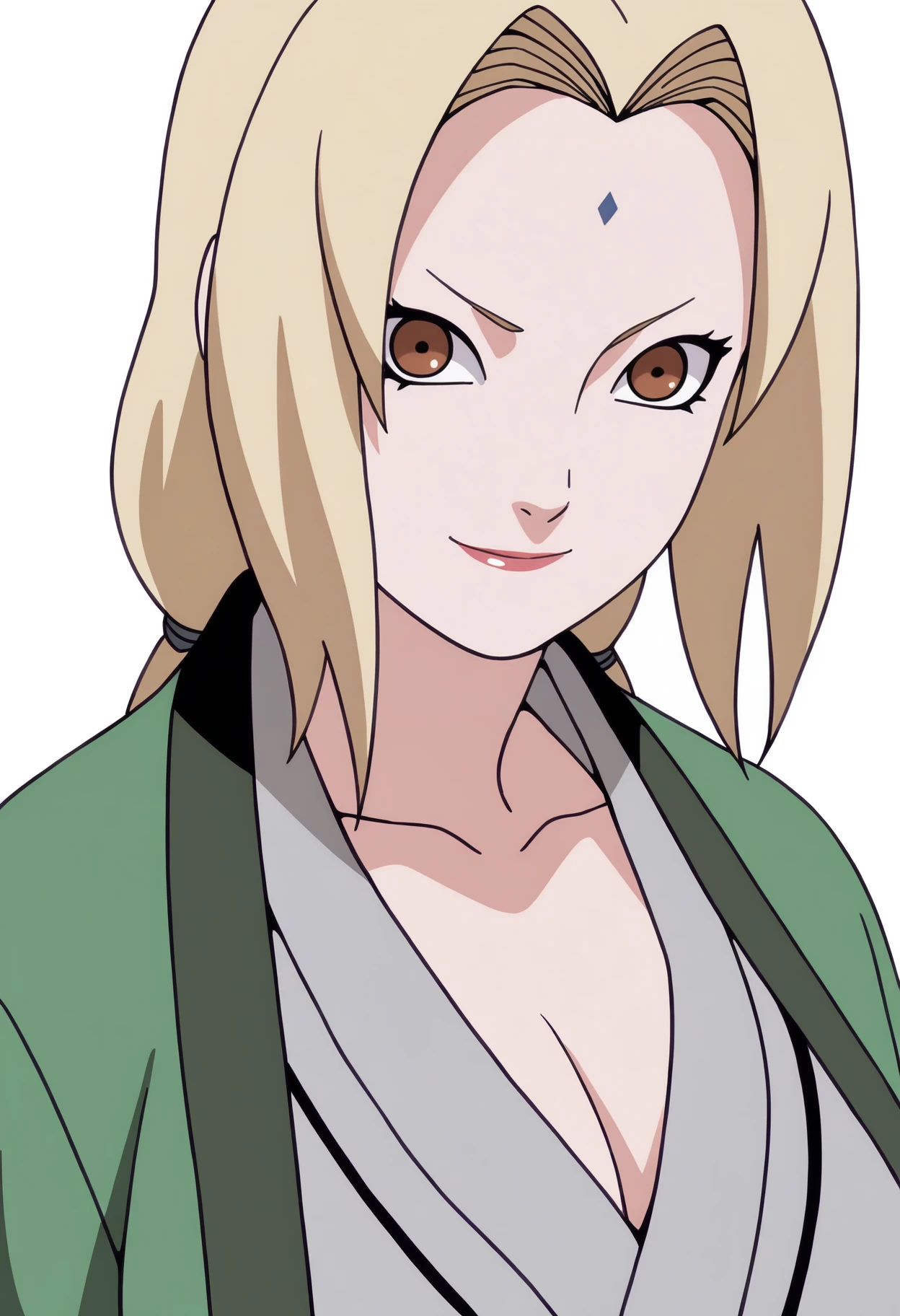 masterpiece, best quality, very aesthetic, absurdres,
1girl, tsunade, blonde hair, long hair, brown eyes,
forehead mark,
haori, grey kimono, sash, collarbone, mature female,
large breasts, cleavage,
upper body,
looking at viewer, solo, smile, simple background, white background, <lora:TsunadeNoobXL_byKonan:1>