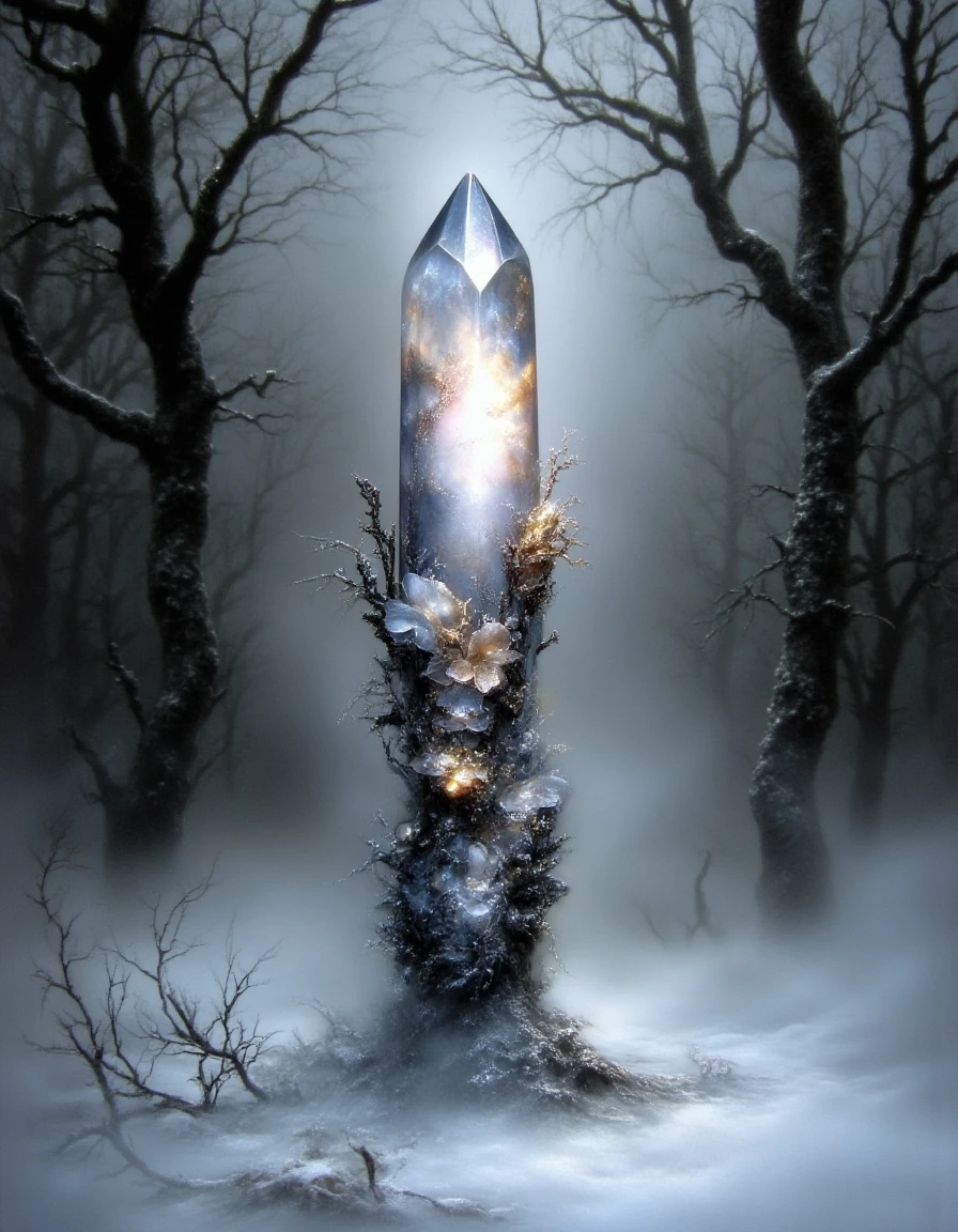 Ethereal Gothic Elegance, The image is a digital art piece that appears to be a photograph of a crystal point in the middle of a foggy forest. The crystal point is in the center of the image with a pointed tip and a smooth shiny surface. It is surrounded by a dark misty background with bare trees on either side. The trees are covered in snow and ice and the ground is covered in a layer of fog. The overall mood of the photograph is eerie and mysterious., no humans, bare tree, tree, scenery, realistic, outdoors, cloud, sky, snow, fantasy