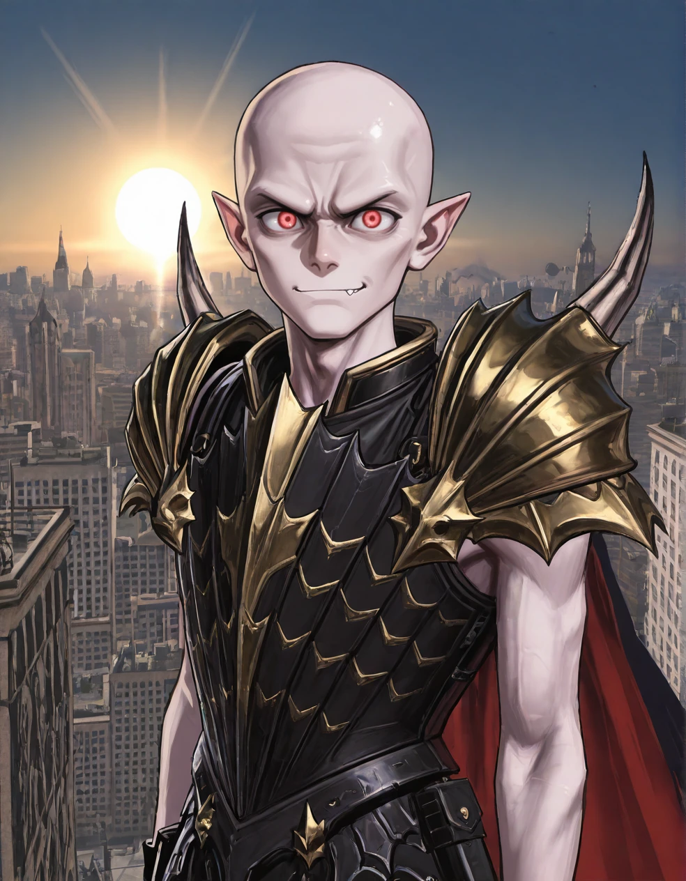(2D,masterpiece,best quality,amazing quality,very aesthetic,high resolution,looking at viewer,ultra-detailed,1 boy,solo,source_anime,cute,lovely,sun, sunlight,city,azure sky),Mannfred von Carstein,vampire,bare arms,armor,gold shoulder armor,cape,shine bald,pale skin,glowing red eyes,short_pointy_ears,spike,fang,(hairdressing:1.2),<lora:Mannfred_von_Carstein:1>, <lora:ValbunStyle-IL:0.4>