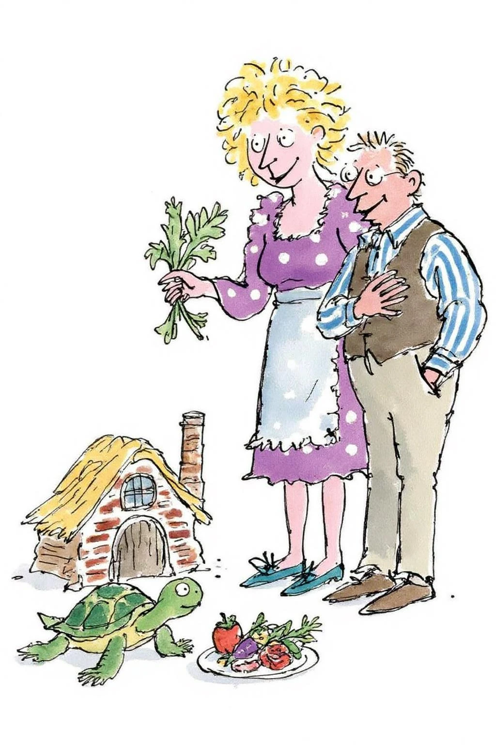 qub1 illustration.
A woman and a man standing beside a miniature house with a chimney. The woman, with blonde, curly hair and wearing a purple dress and an apron with white polka dots, is holding a green leafy vegetable in her hand. There is a turtle in front of the miniature house. It is eating from a plate with vegetables. <lora:qub1_cap_d6a3e12:1.0><lora:826980886382750212:0>