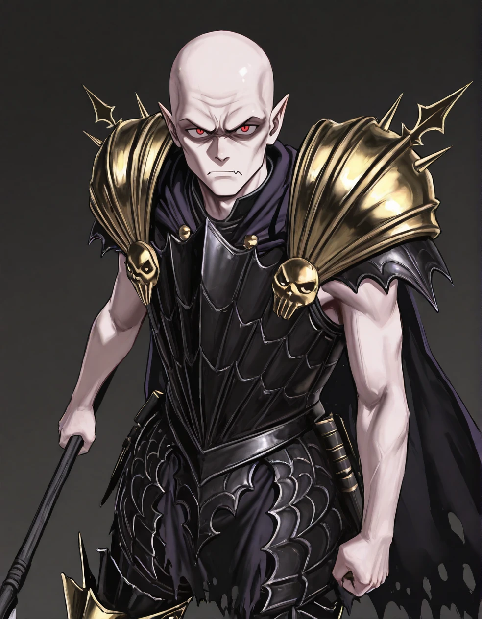 (2D,masterpiece,best quality,amazing quality,very aesthetic,high resolution,looking at viewer,ultra-detailed,1 boy,solo,source_anime,cute,lovely,Simple black background),Mannfred von Carstein,vampire,bare arms,armor,gold shoulder armor,cape,greaves,bald,pale skin,red eyes,short_pointy_ears,spike,shaded face,scornful face, disgust, disgusted face,out fang,(holding scythe,brandish:1.2),action,<lora:Mannfred_von_Carstein:1>