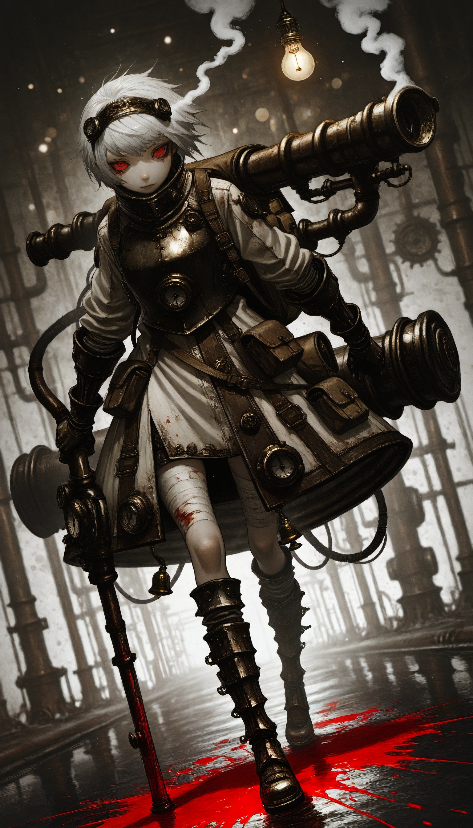 (AGM-Illu, best quality, abstract, steampunk, abstract_background, surreal, science_fiction, photoshop_(medium), original, horror_(theme), traditional_media, ink_splatter, blood_splatter, splatter_background, bokeh, HDR, contrapposto, dutch angle, depth of field)
((yuba_no_shirushi 1girl armor armored_boots backpack bag bandages boots breastplate cable coat copyright_name cyborg empty_eyes full_body gauntlets gun hairband holding holding_weapon industrial_pipe light_bulb looking_at_viewer red_eyes short_hair solo standing standing_on_one_leg steam steampunk tag torn_clothes weapon white_hair))