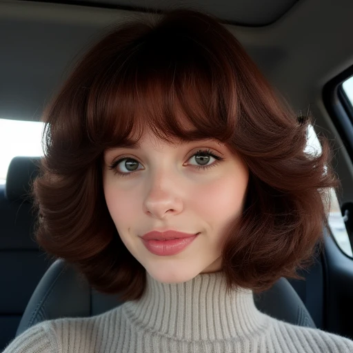 voluminous, with a hint of blush on her cheeks., deep brown with subtle hints of auburn, giving it a polished, textured fabric and a high collar., slightly off-center perspective. Their face is framed by the interior of a car, creating a voluminous