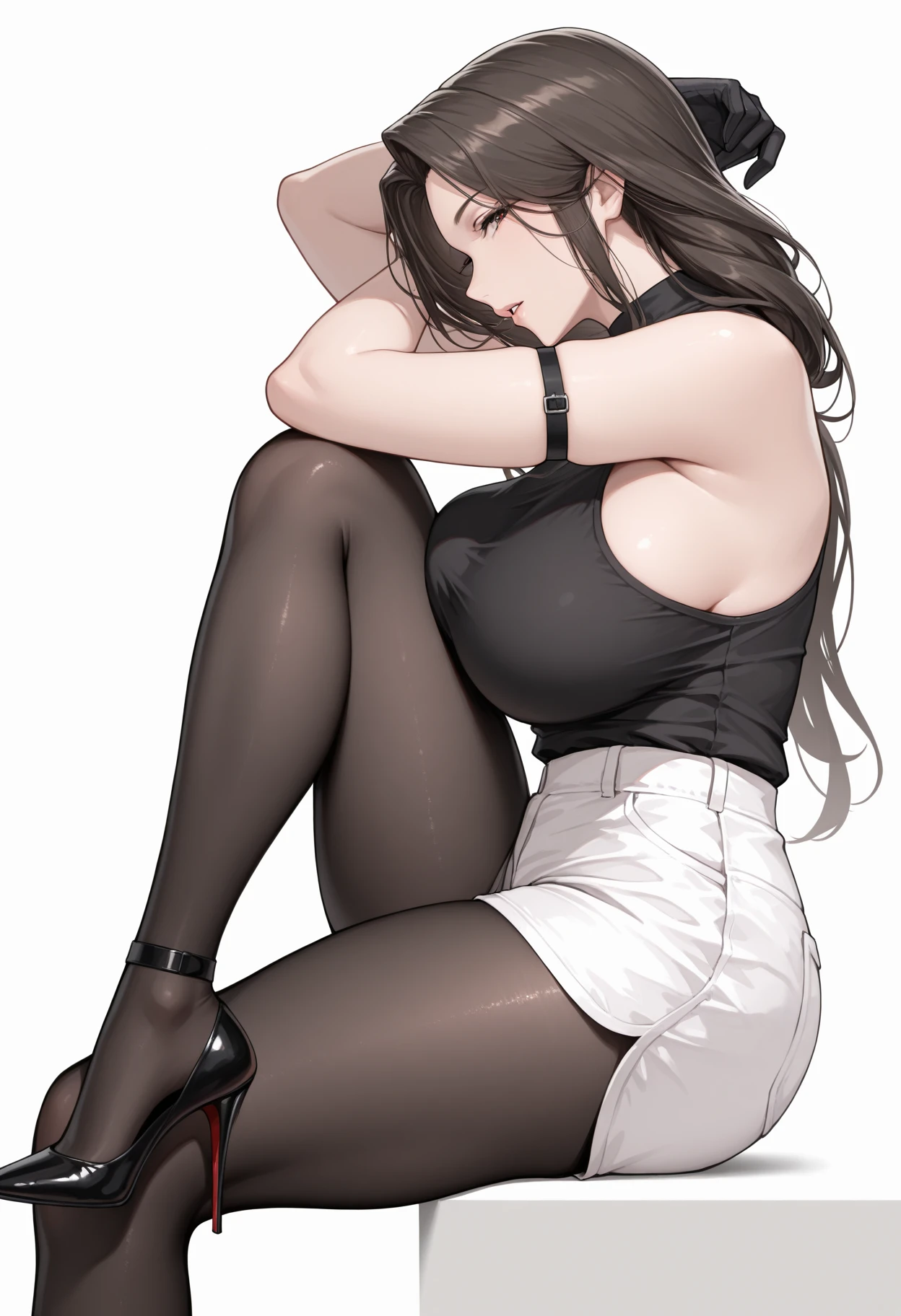 masterpiece, best quality, ultra detailed, very aesthetic, absurdres, newest, shaded, digital media \(artwork\), solo, 1girl, mature female, milf, ara ara, ankle strap, arm strap, arm support, bare shoulders, black footwear, black gloves, black pantyhose, black shirt, from side, knee up, leg up, long hair, (looking at viewer:1.1), outstretched leg, parted lips, plantar flexion, profile, shorts, simple background, sitting, sleeveless shirt, solo, stiletto heels, thighs, white background, white shorts, looking sideways, hands behind head