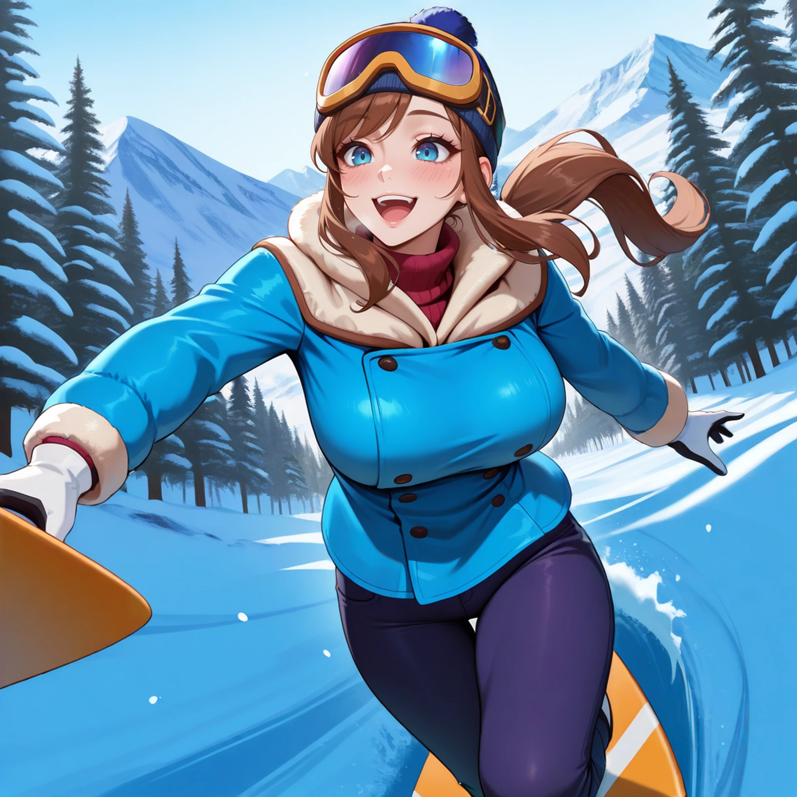 masterpiece,best quality,absurdres,highres,<lora:AHK:1>,
1girl,solo,ccgirl,brown hair,sidelocks,ponytail,aged up,blue eyes,large breasts,
ski goggles, hat, beanie, goggles on head, goggles on headwear, pom pom (clothes), winter clothes, winter coat, white gloves, long sleeves, pants, outdoors, blush, snow, surfboard, surfing, open mouth, from below, dynamic pose, confidence, dutch angle, happy, snow, forest, mountainous horizon,
