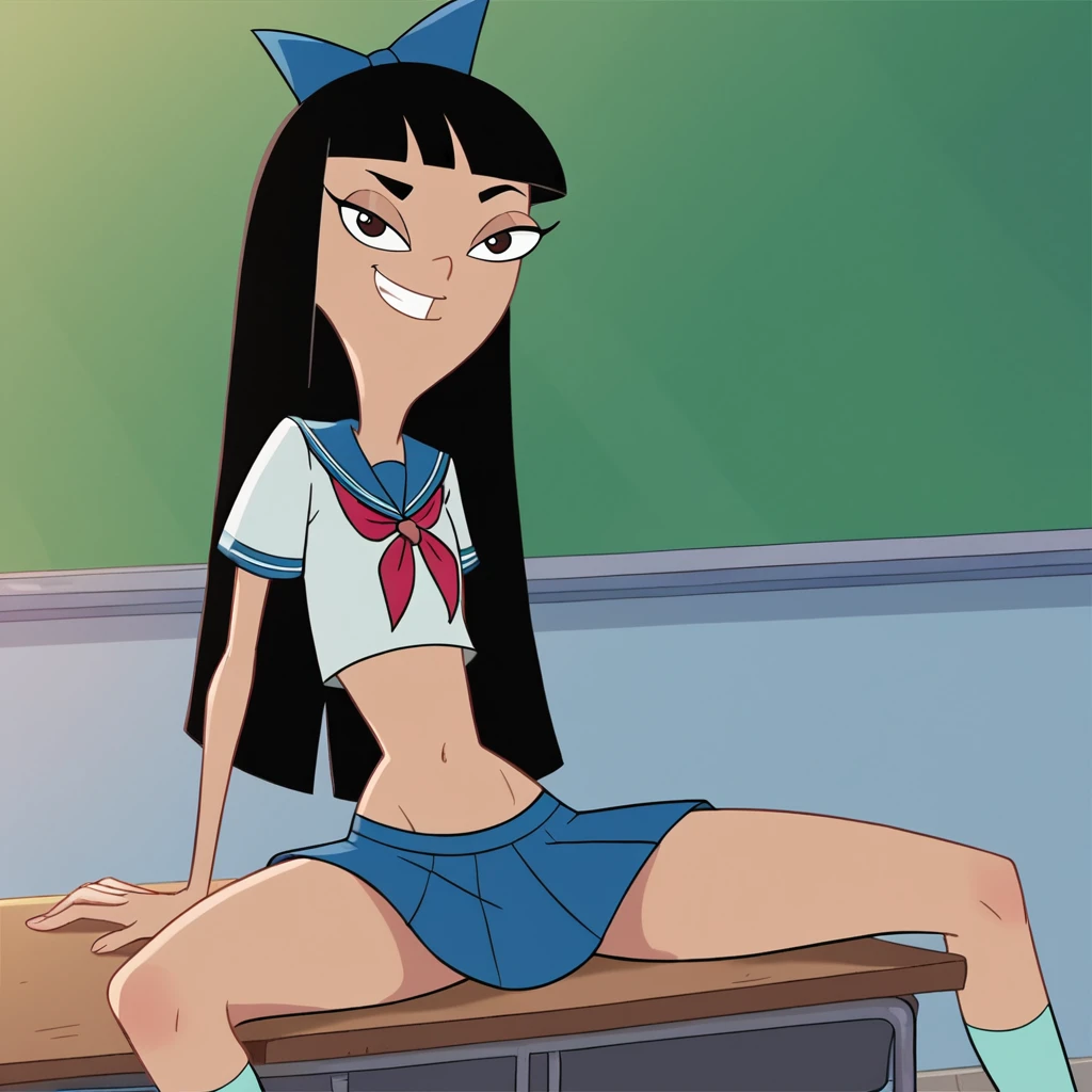 (small:5.0 skinny blue eyed bully girl with long wavy black hair), flatchested, (taunting_expression):4.5, (pubic_stubble):3.0, (fucking the school counsellor), furtive:3.0