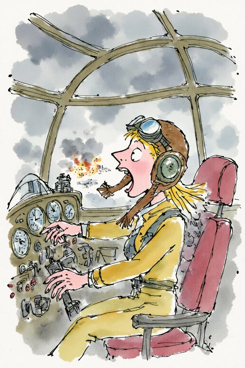 qub1 illustration.
A female pilot screaming inside the cockpit of a World War II bomber. The pilot, wearing a vintage leather flight helmet with goggles and a bomber jacket, grips the controls with white-knuckled hands. Her face is contorted in a mix of fear and determination as she yells, her eyes wide with adrenaline. The cockpit is cramped and filled with old-fashioned dials and gauges, with the outside view showing dark stormy clouds and distant anti-aircraft fire <lora:qub1_cap_d6a3e12:1.0><lora:826986117653020405:0>