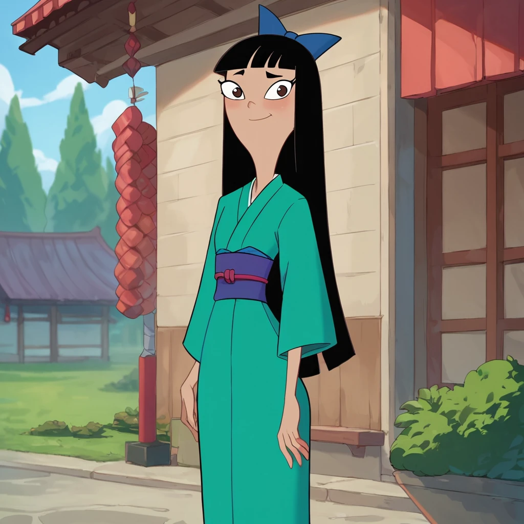 score_9, score_8_up, score_7_up, 1girl, StacyH, black hair, long hair, blunt bangs, hair bow, brown eyes, flat chest, narrow waist, wide hips, looking at viewer, kimono, highres, high quality, masterpiece, <lora:Stacy_Hirano:1>