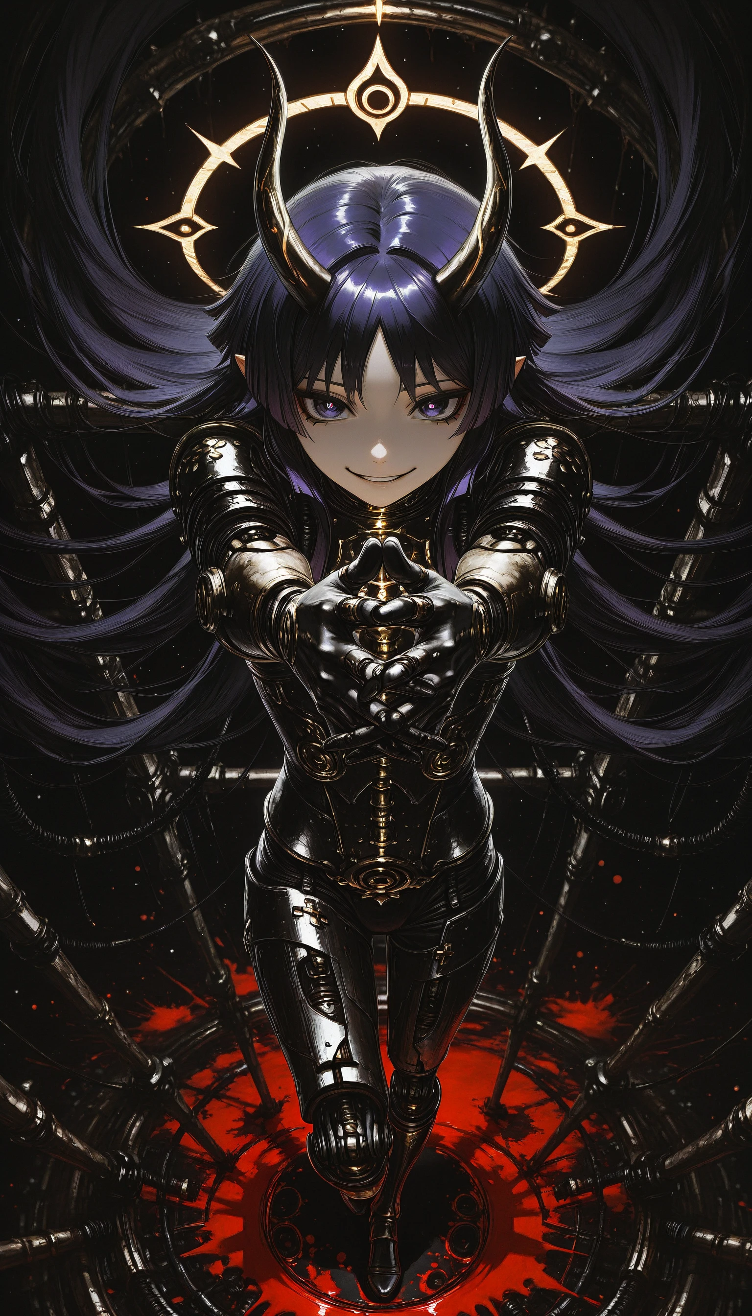 (AGM-Illu, re4lity_sync_illu, foreshortening, fisheye_lens, fisheye, best quality, abstract, steampunk, abstract_background, surreal, science_fiction, photoshop_(medium), original, horror_(theme), traditional_media, ink_splatter, blood_splatter, splatter_background, blurry, bokeh, HDR, contrapposto, dutch angle, depth of field, soft luminescent glow) 
((genshin_impact scaramouche_(genshin_impact) scaramouche_(shouki_no_kami)_(genshin_impact) 
1boy absurdly_long_hair armor black_background blunt_ends bright_pupils cable cross-shaped_pupils cyborg doll_joints electro_symbol_(genshin_impact) portrait evil_grin full_body gem gold_horns halo humanization interlocked_fingers japanese_armor joints long_hair looking_at_viewer male_focus mechanical_halo mechanical_hands mechanical_legs mitsudomoe_(shape) open_mouth outstretched_arms own_hands_together parted_bangs pointy_ears purple_eyes purple_gemstone purple_hair purple_rope rope shimenawa solo spine symbol-shaped_pupils tomoe_(symbol) very_long_hair white_pupils white_rope ))