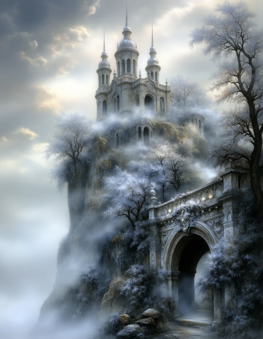 Ethereal Gothic Elegance, The image is a digital painting of a castle on top of a cliff. The castle is made of stone and has multiple towers with intricate carvings and domes. The sky is cloudy and there is a layer of fog or mist covering the entire scene. The cliff is covered in trees and shrubs and there are a few rocks scattered around the base of the cliff. In the foreground there is an archway leading up to the castle. The overall mood of the image is mysterious and ethereal., no humans, tree, scenery, fog, castle, outdoors, sky, cloud, tower, water