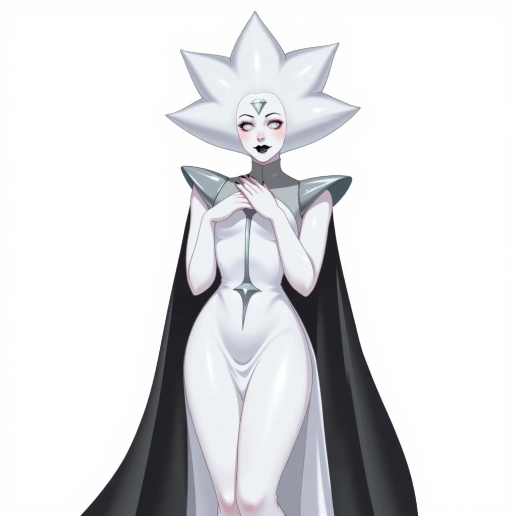 solo focus,1woman, white hair,spiked hair, pale white skin, white eyes, forehead jewel, makeup, black lips, white dress, long dress, turtleneck, long sleeves,side slit, black cape, gray shoulder pads,white theme,garage,post-soviet garage,russian garage