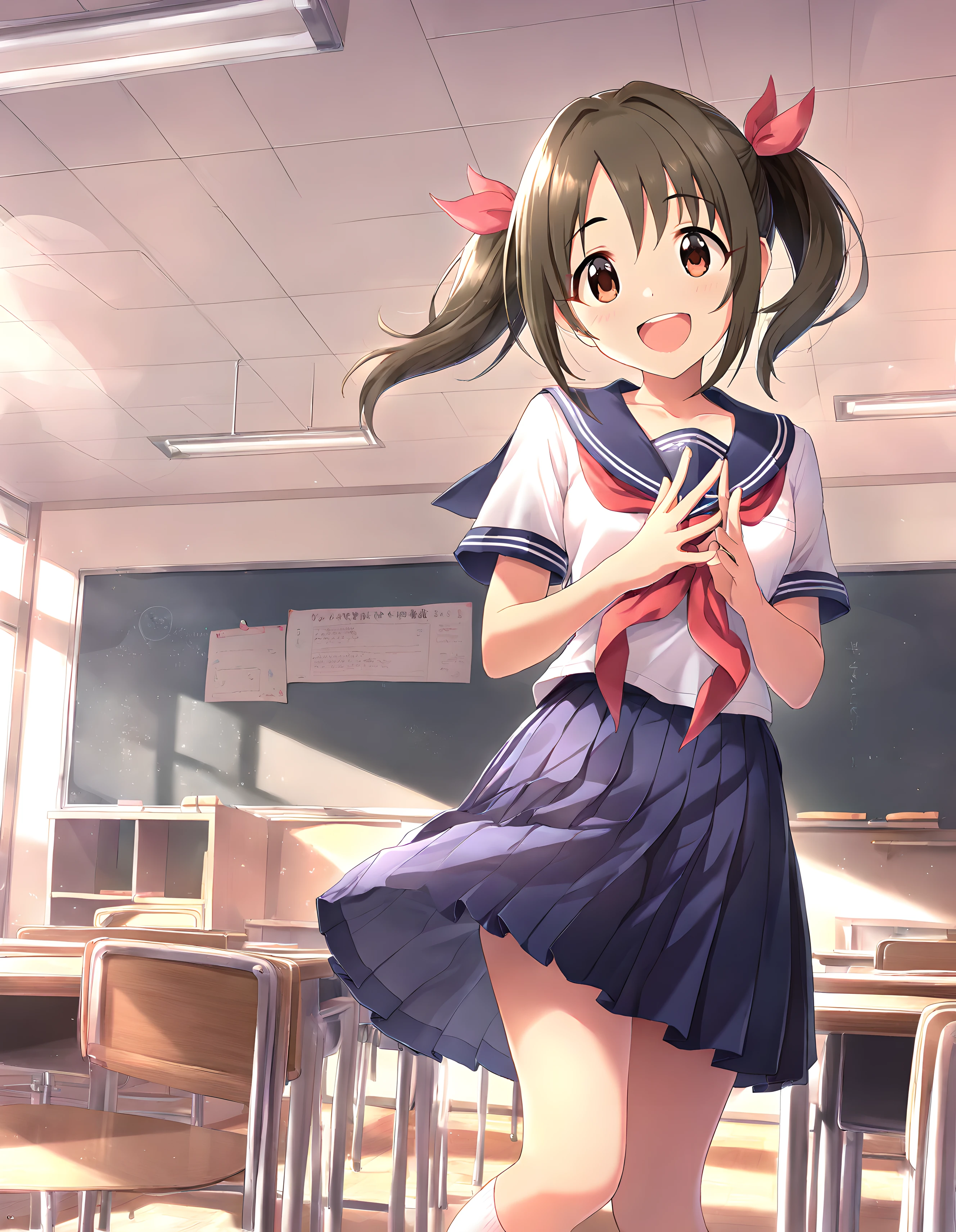 Anime Style, Angle from the front, Slightly from above, Close to the face, One girl is standing, The girl is making a fist pump with both hands in front of her chest, Arms facing inwards,
The girl is leaning forward slightly.,
Smiling with a proud look,
The girl is wearing a white sailor suit with short sleeves and a navy collar, with a blue ribbon., Wearing a navy blue skirt,
Wearing black high socks, Wearing white slippers,
The girl's hairstyle is a low twin tail with a red ribbon., It's very long and black,
Not high pigtails, Not half-up,
In my teens, The chest is small, Has dark brown eyes,
classroom, indoor, School Chair, School desk, There is a blackboard,
Daytime, summer.