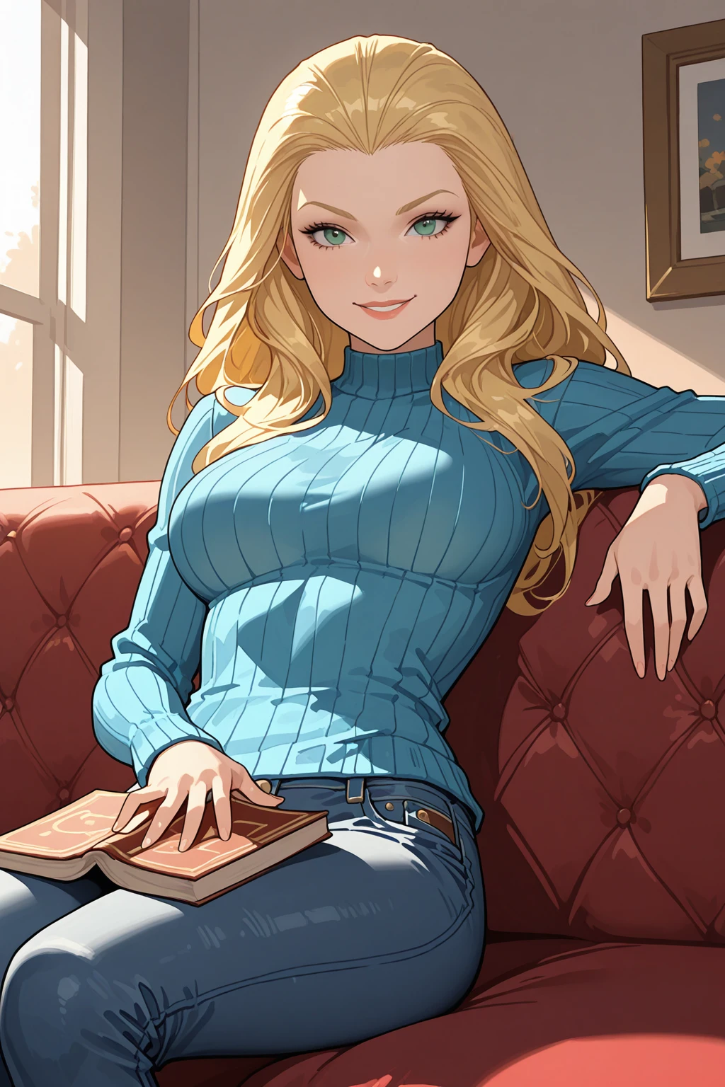 masterpiece, good quality, best quality, very awa, very as2, absurdres, highres, cowboy shot
<lora:Amora the enchantressilluLoRA:1>amoenchtress, long hair, blue sweater, jeans, sitting on a couch, holding book, smile, evening