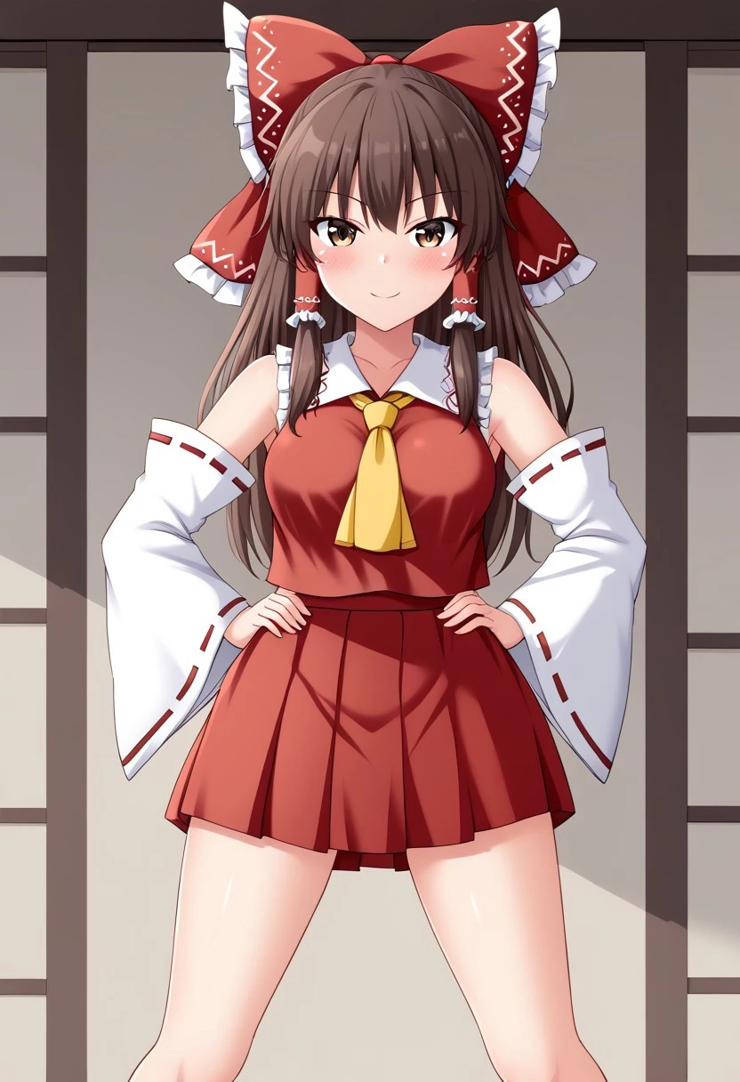 fusu style, ((Japanese shrine background)), ((hakurei reimu)), ((brown hair)), long hair, 1girl, blush, solo, looking at viewer, standing, ((legs apart)), ((arms on hips)), light smile, ((breasts)), brown hair, brown eyes, yellow ascot, red shirt, red skirt, hair bow, detached sleeves, white sleeves