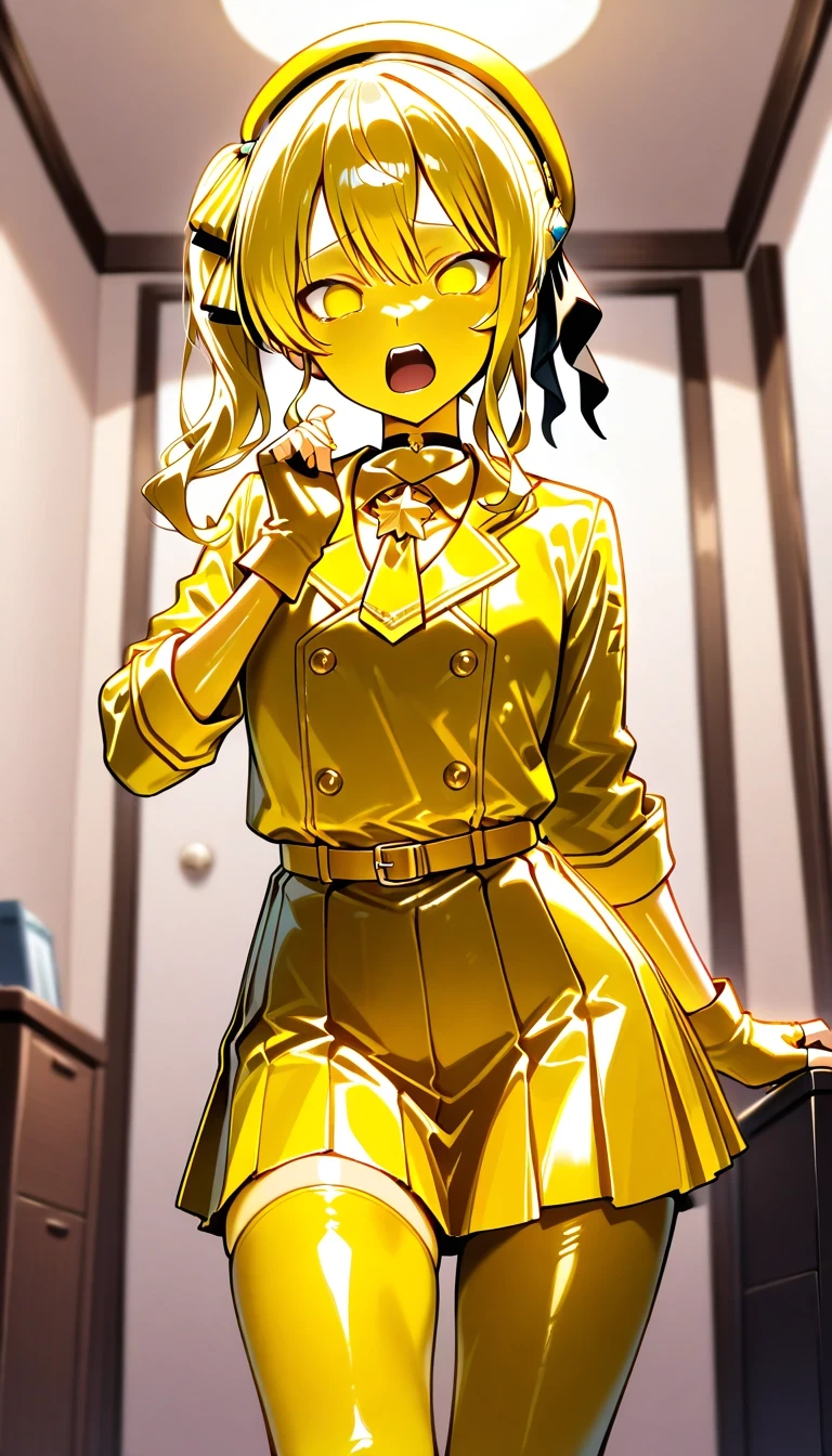 masterpiece, best quality, newest, absurdres, yellow eyes, yellow hair, yellow sclera, no pupils, yellow skin, shiny skin, 1girl, solo, hoshimachi suisei, side ponytail, yellow beret, yellow jacket, yellow gloves, fingerless gloves, yellow skirt, yellow legwear, asymetrical legwear, cowboy shot, standing, dynamic, screaming, scared, looking at viewer, indoors, room